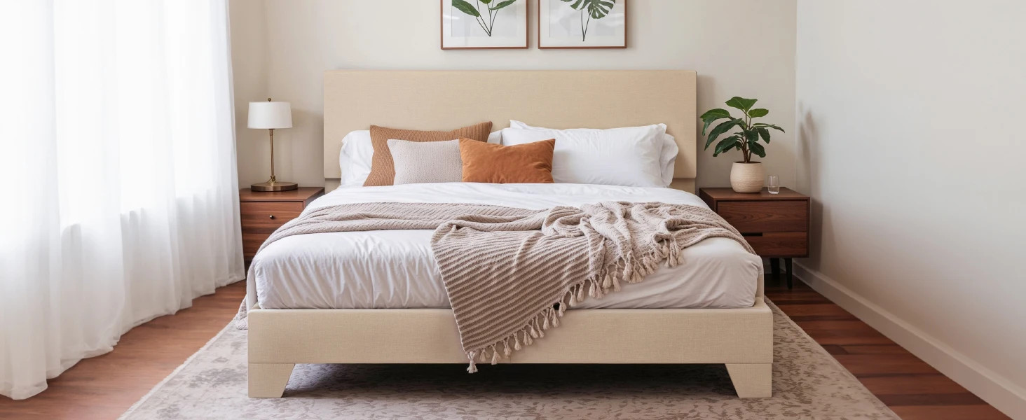 HOOMIC Upholstered Bed Frame with Adjustable Headboard, Soft Linen Fabric, Stron