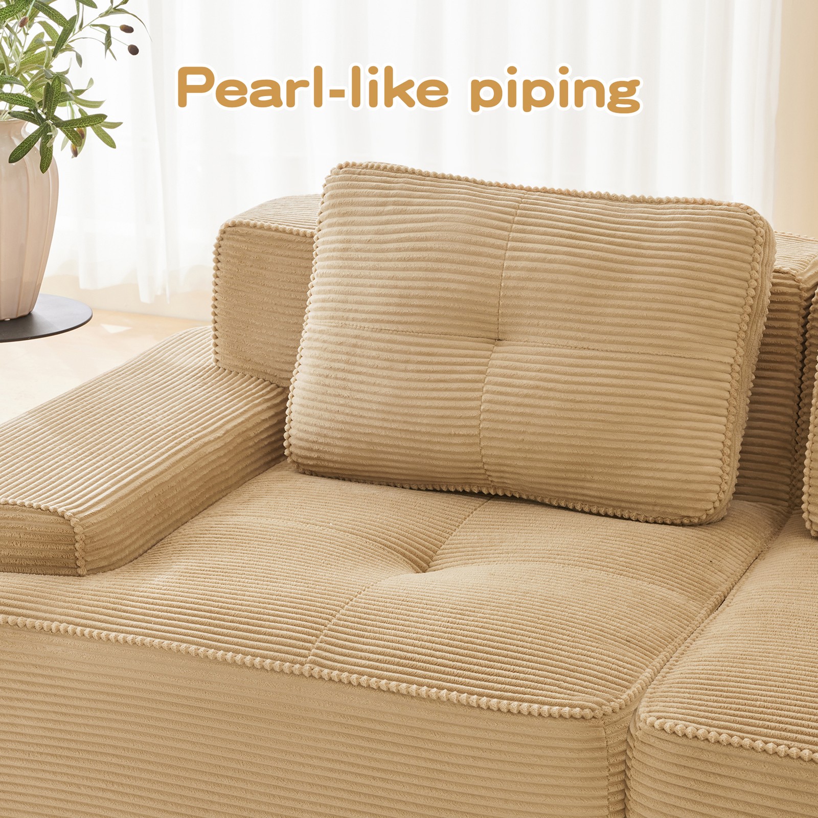 117 Inch Modern L Shaped Corduroy Sofa Camel 3 Seat Deep Plush Comfy Couch