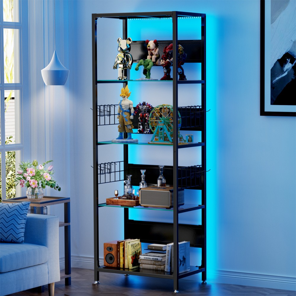 4-Tier Glass Display Cabinet Shelf w/ RGB Lights, Curio Cabinet for Collectibles