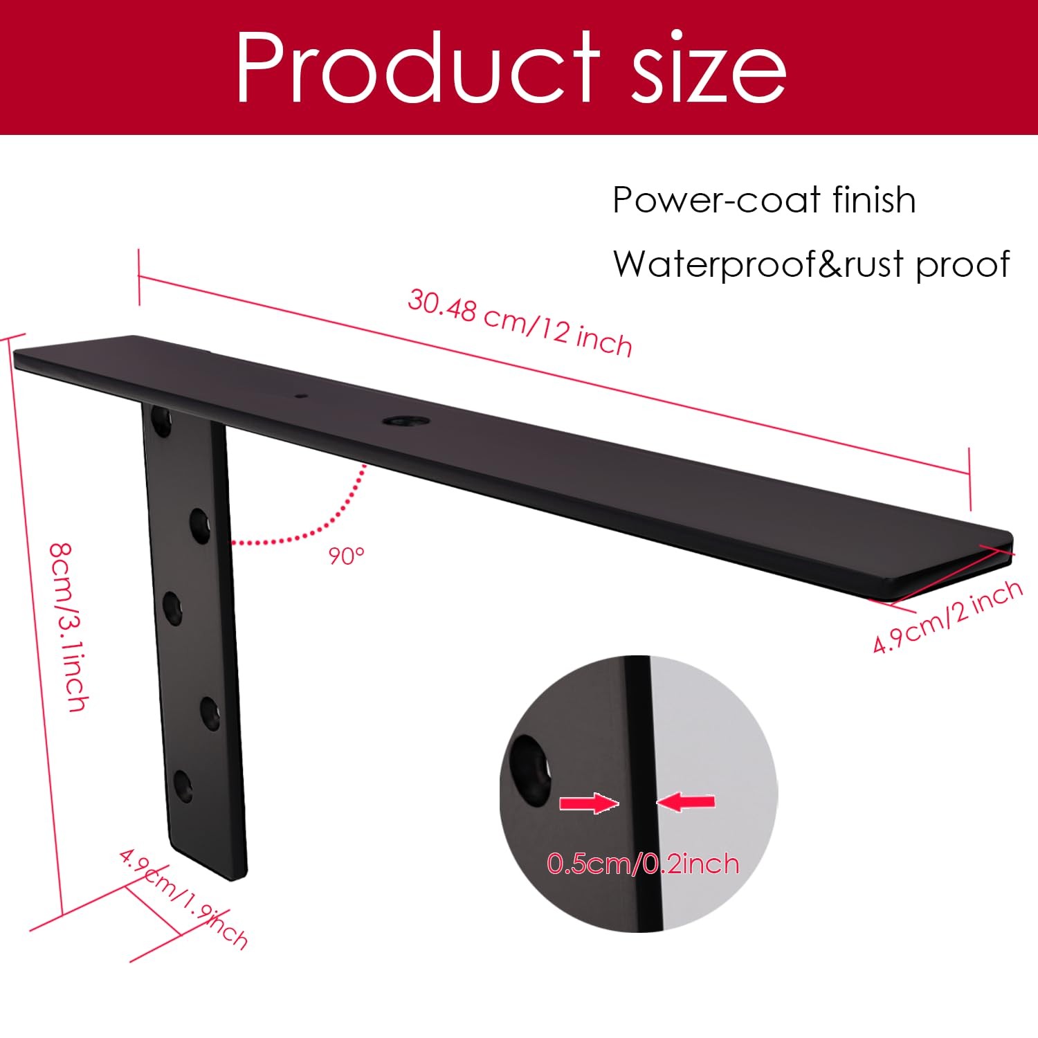 2 PCS 12 Inch Black Heavy Duty Steel Hidden Hanging L Countertop Bracket 200lb