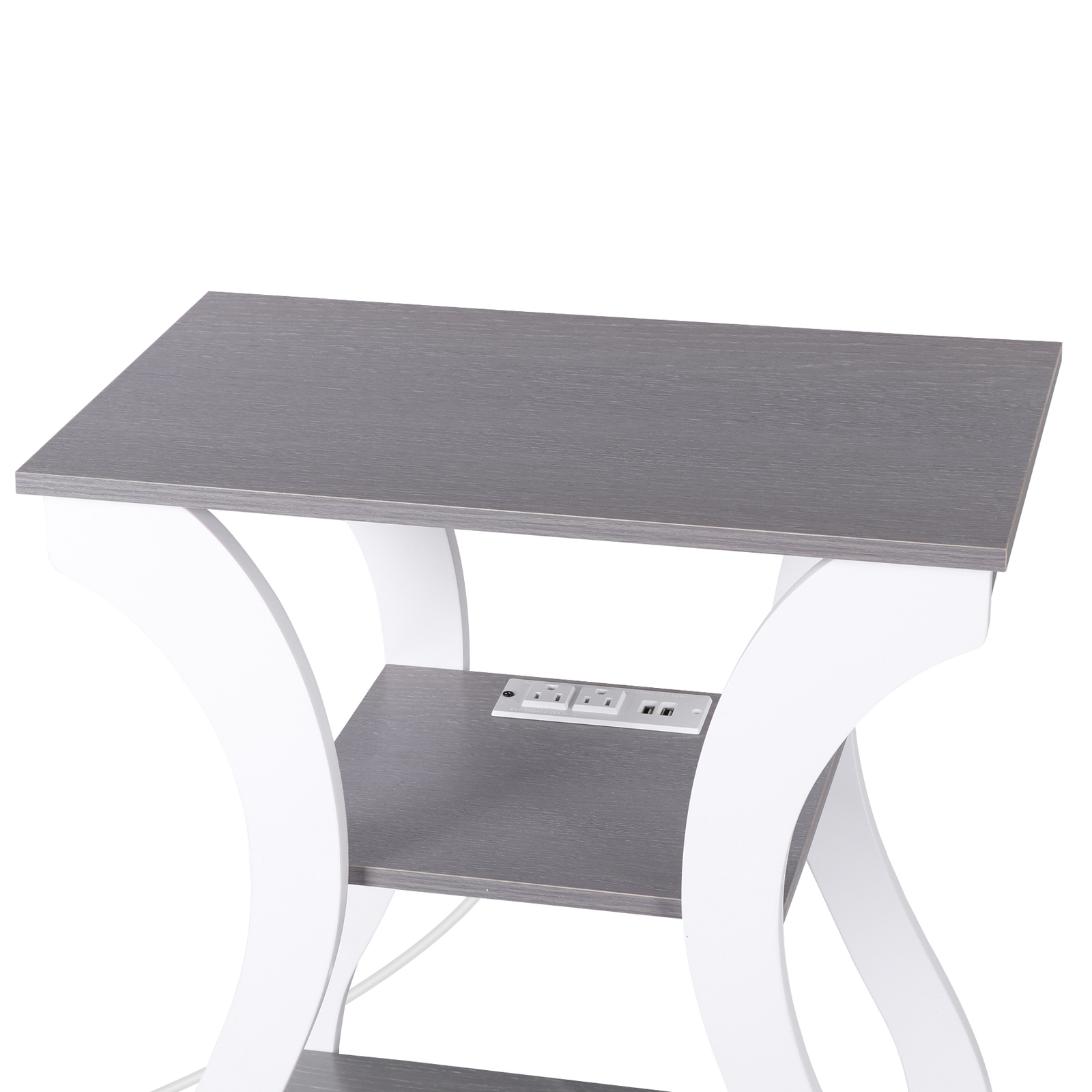 Farmhouse End Table Narrow Side Table w/Charging Station for Bedroom Grey+White