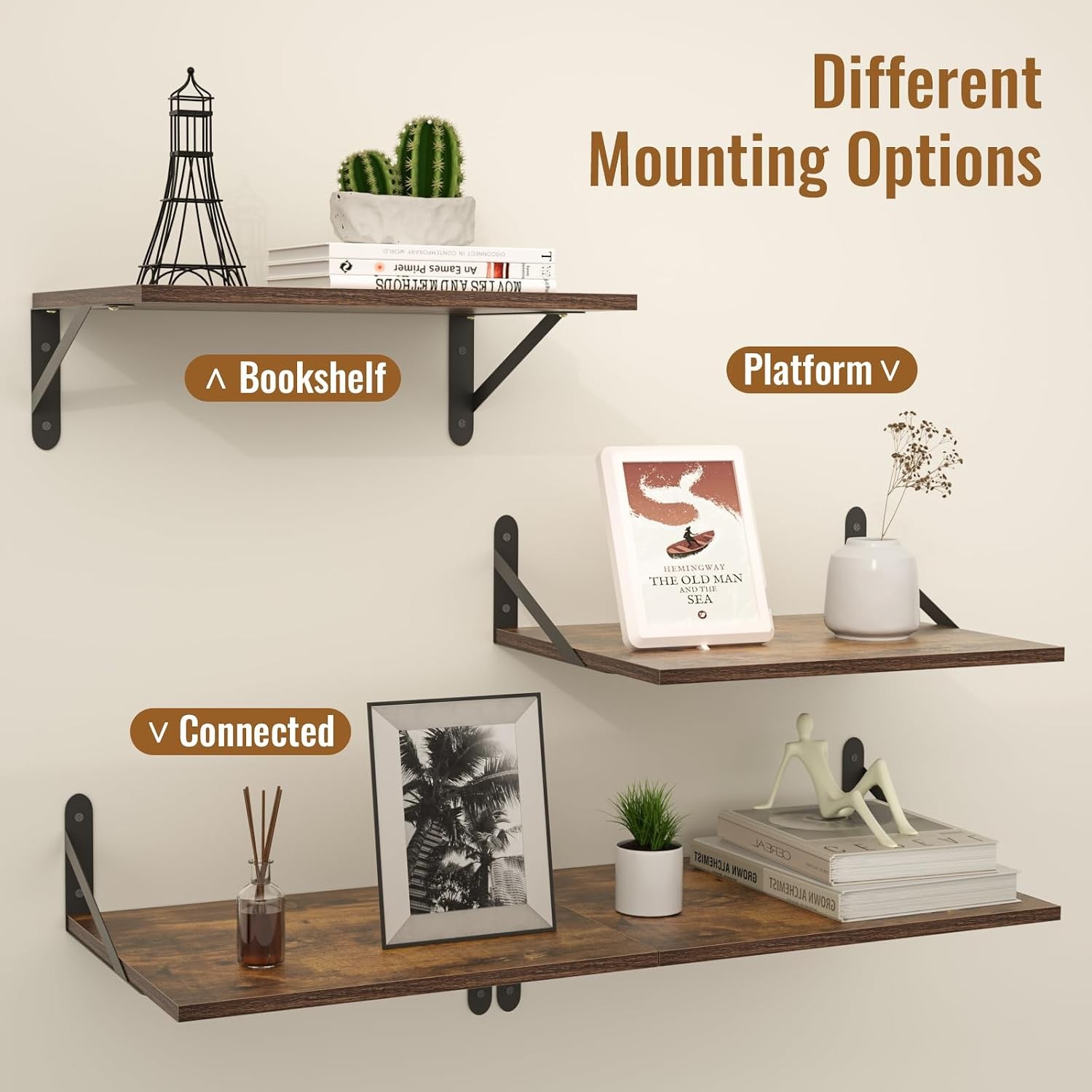 Rustic Brown Wooden Floating Wall Shelves Set of 2 Deep Wall Mount Shelves