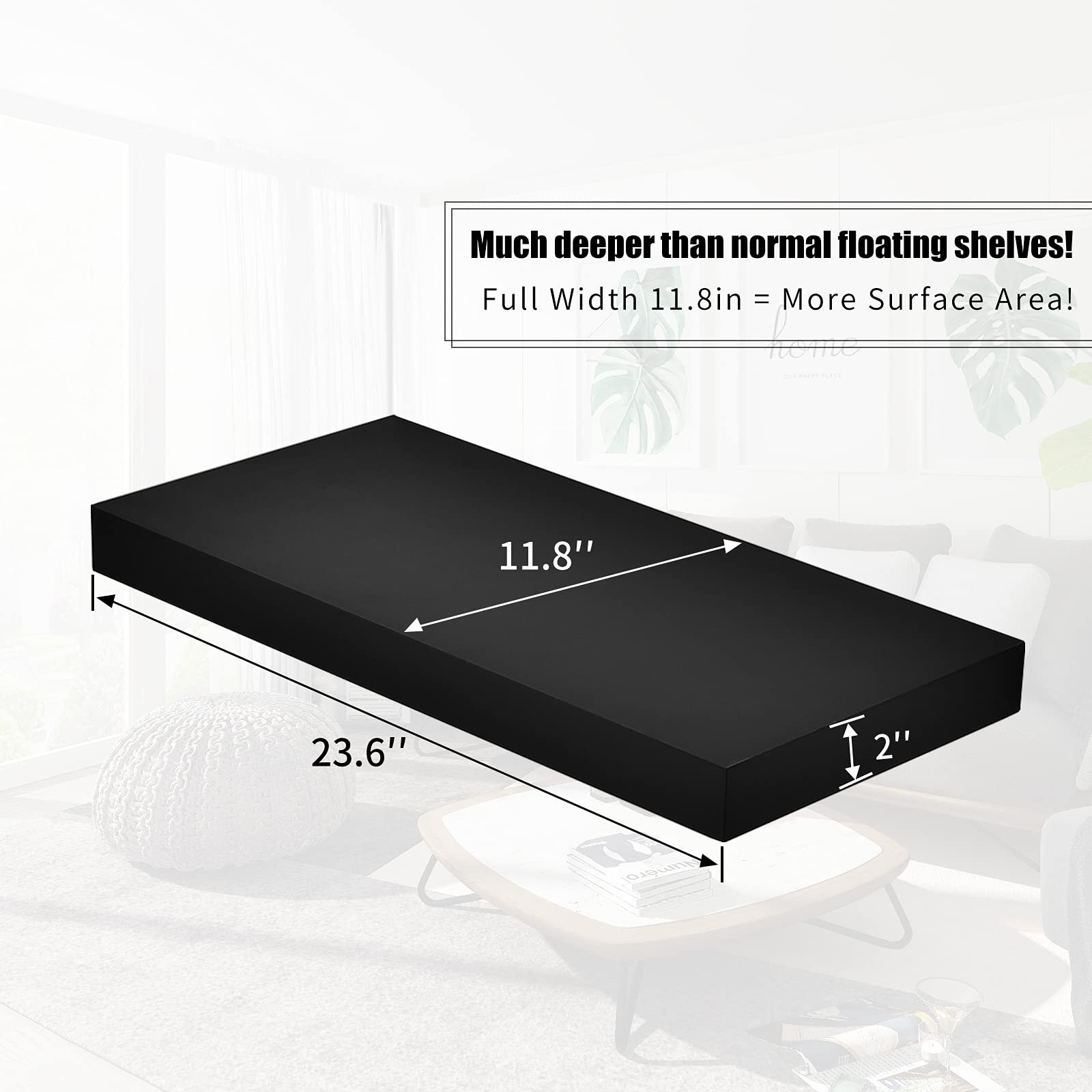 Black Large 12 Inch Deep Floating Wall Shelf 23.62 L x 11.81 D x 2 T Inch