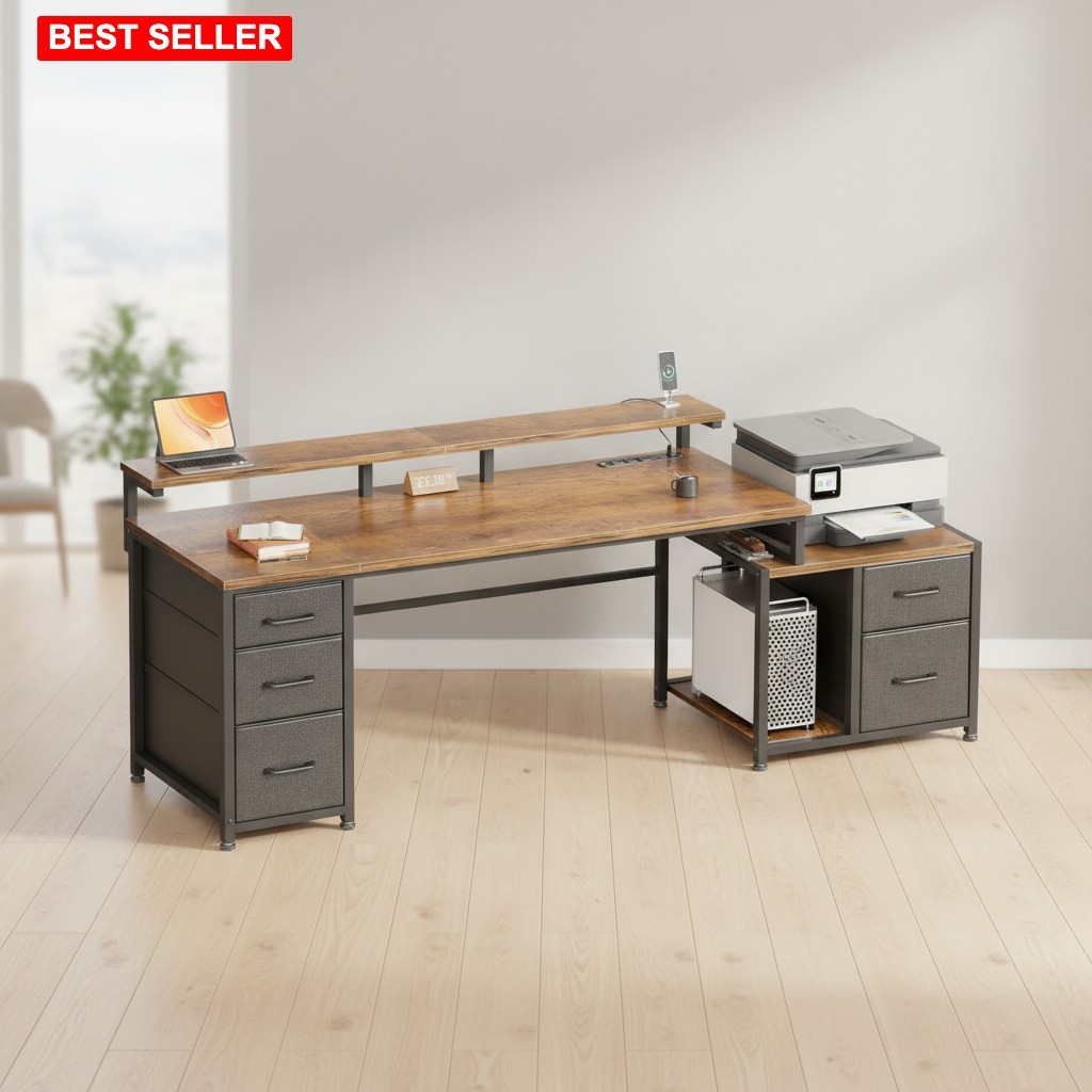 Computer Desk 74 In Rustic Brown Engineered Wood Metal Frame Reversible