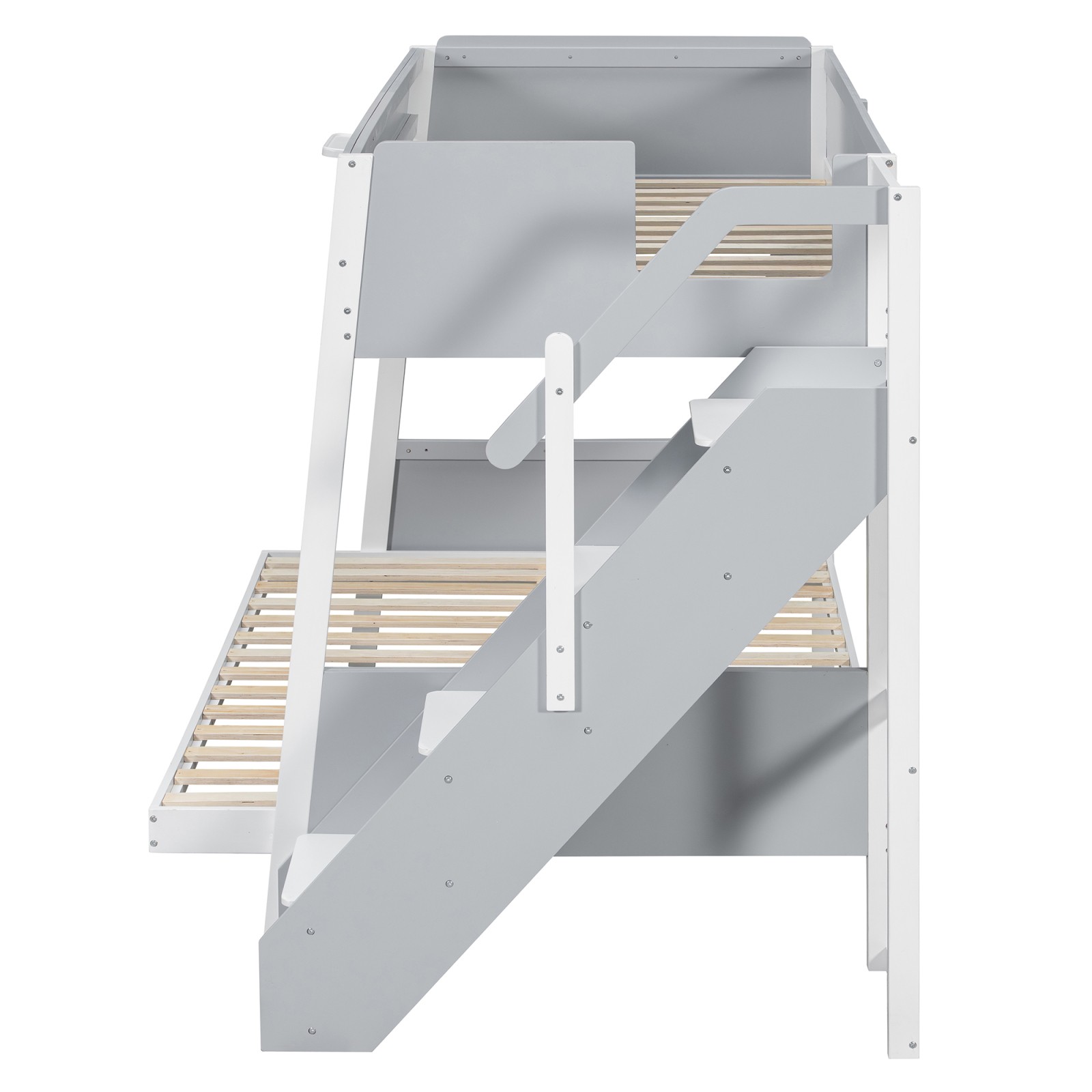 Twin Over Full Bunk Bed with Staircase, Side Shelves, LED Lights, Gray