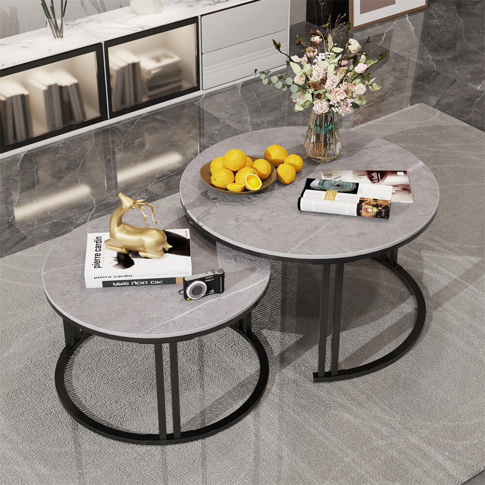 2pcs Marble Round Nesting Coffee Table Side End Table Accent Table Grey White