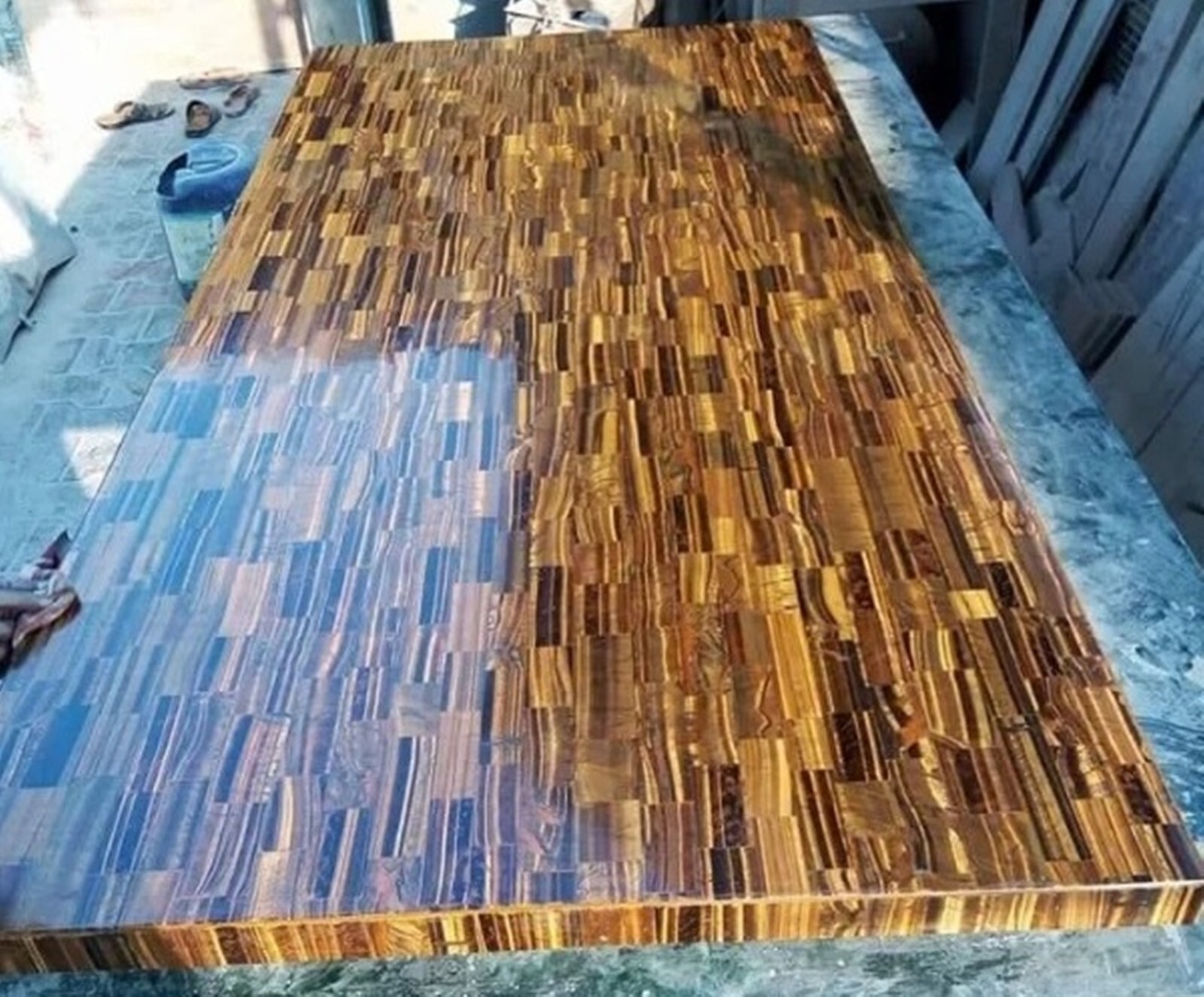Square Coffee Table Top with Brick Design Tiger Eye Stone Hallway End Table