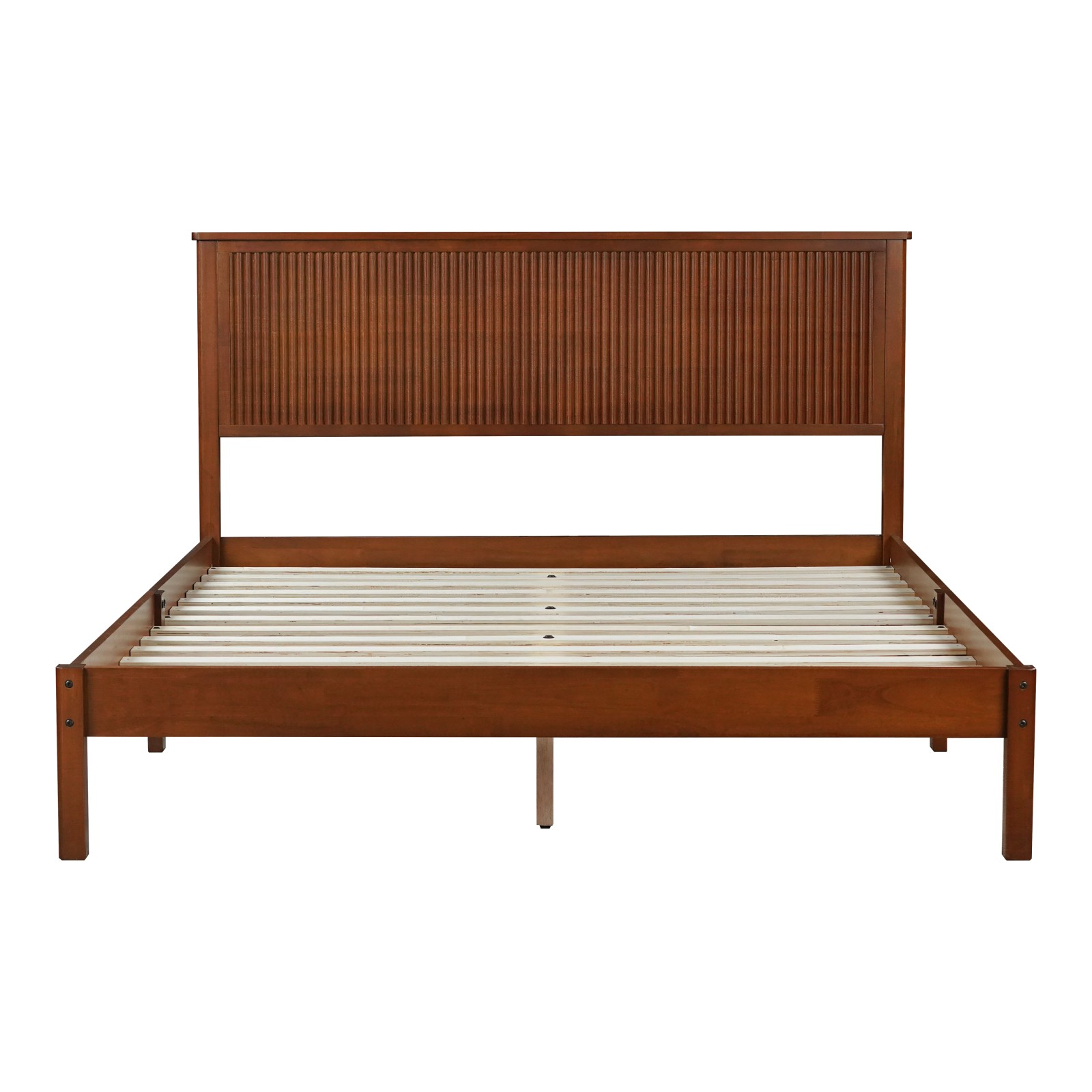 Queen Size Solid Rubber Wood Bed Frame with Wave Headboard, Walnut