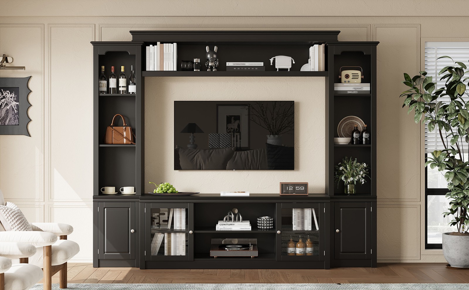 Modern TV Stand with Bookcase for TVs Up to 65″, 4 Shelves, Glass Doors