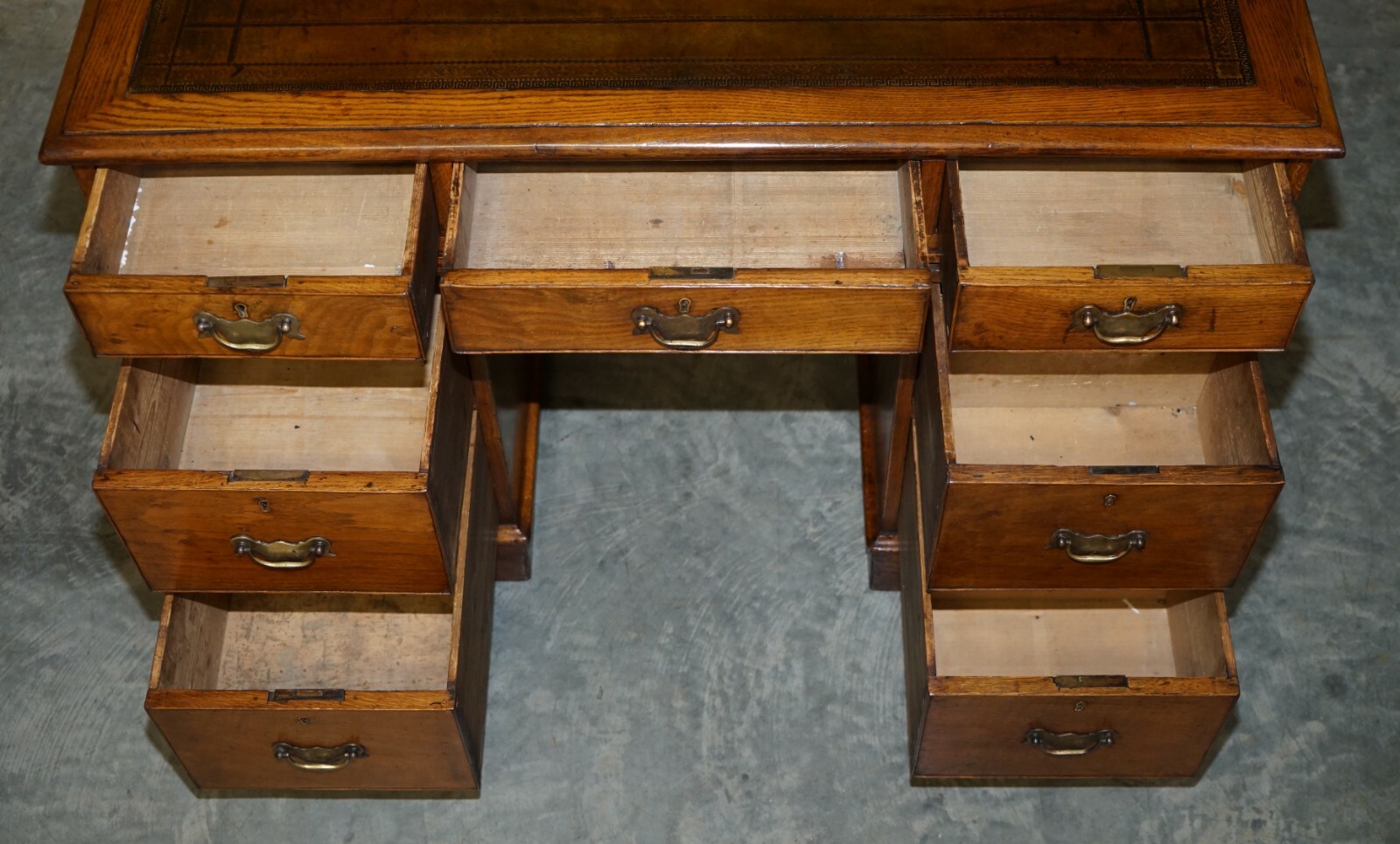 STUNNING RESTORED CIRCA 1800 GEORGIAN OAK & BROWN LEATHER PARTNERS PEDESTAL DESK