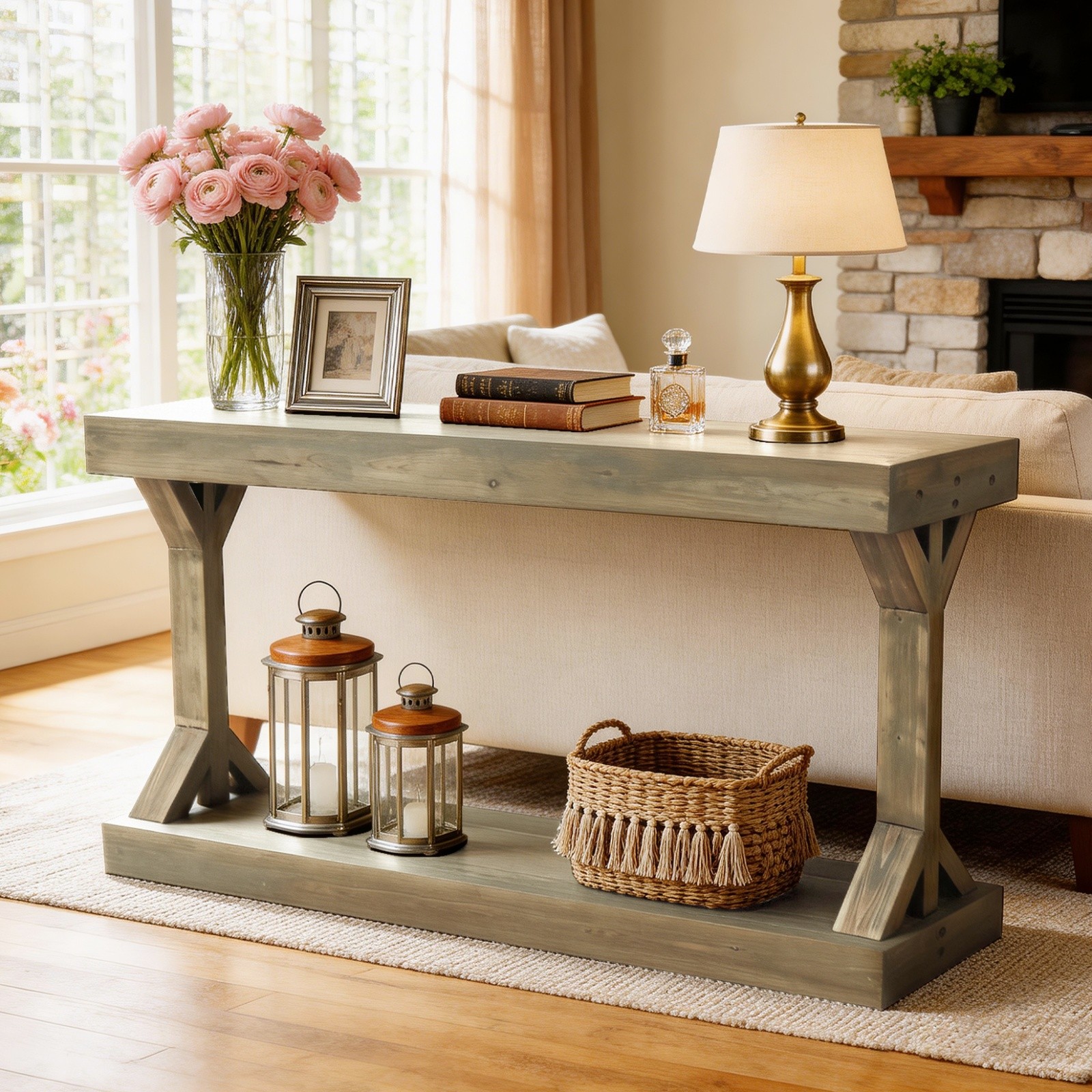 Long Solid Wood Console Table Rustic Farmhouse Entryway Sofa Table with Shelf