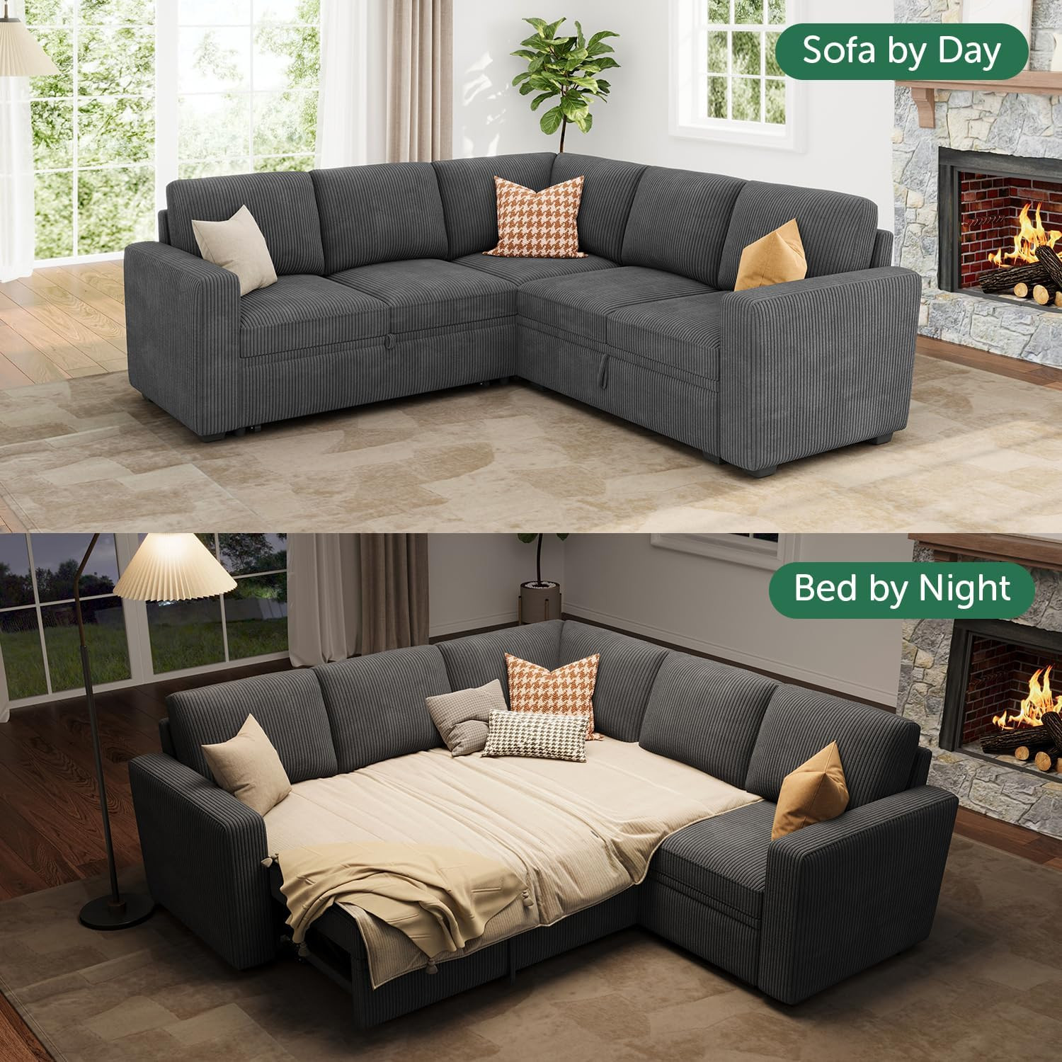 Convertible Dark Grey Sectional Sleeper Sofa with Storage and Pull-Out Bed