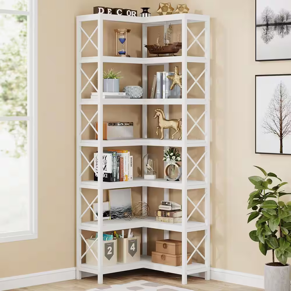 Eulas 78 In. Tall White Engineered Wood 7-Shelf Corner Bookcase, Large Modern Co