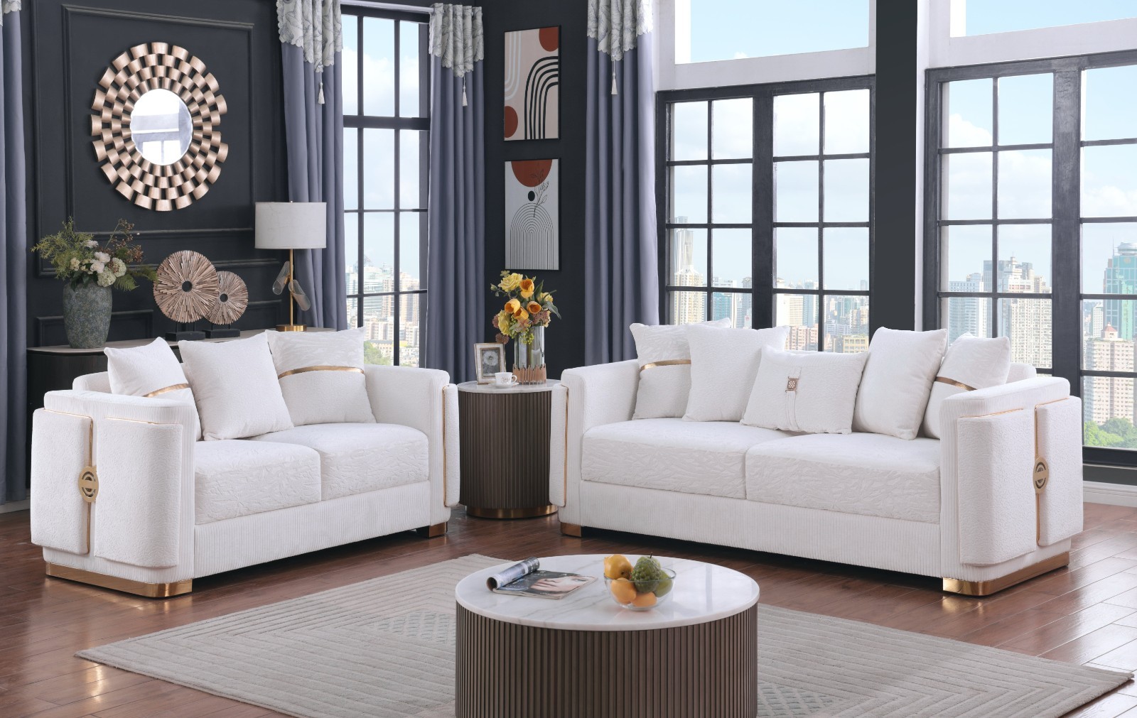 NEW 2PC White Gold Sofa Loveseat Luxe Glam Contemporary Modern Living Room Set