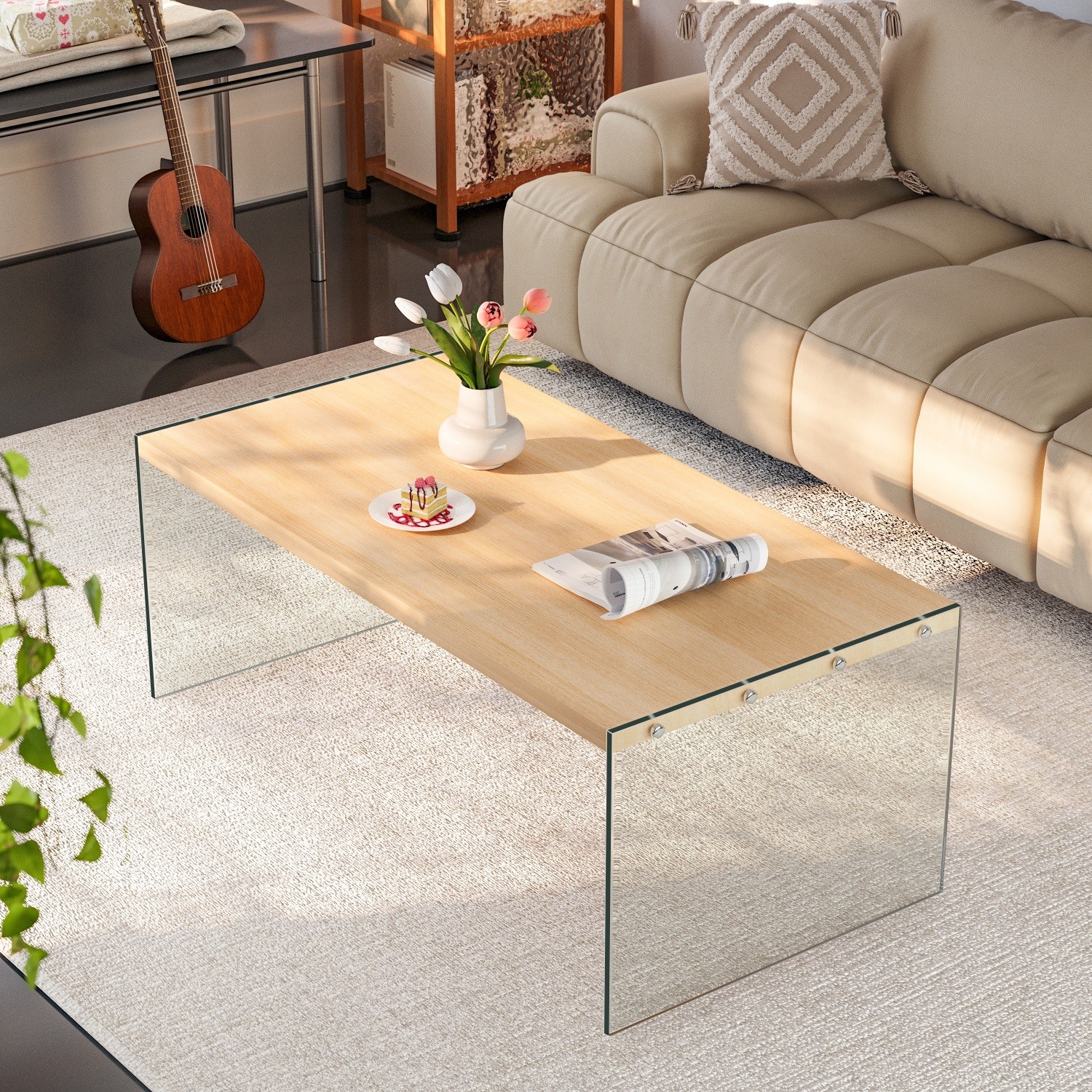 120CM Living Room Rectangle Coffee Table MDF Top Glass Legs Sofa Accent Table