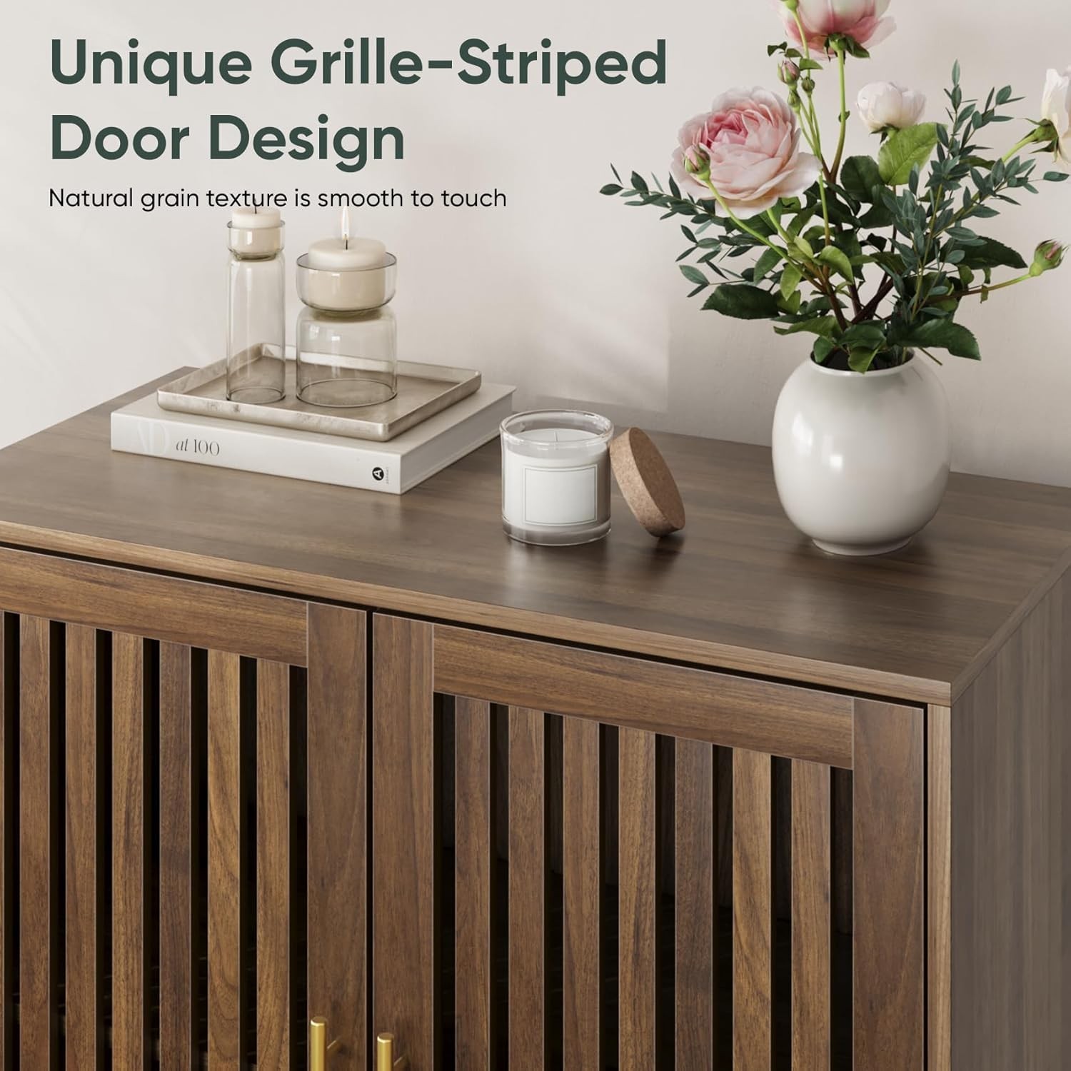 Sideboard Cabinet 31.5″ W Farmhouse Buffet Cabinet W/ Slatted Doors & Adjustable