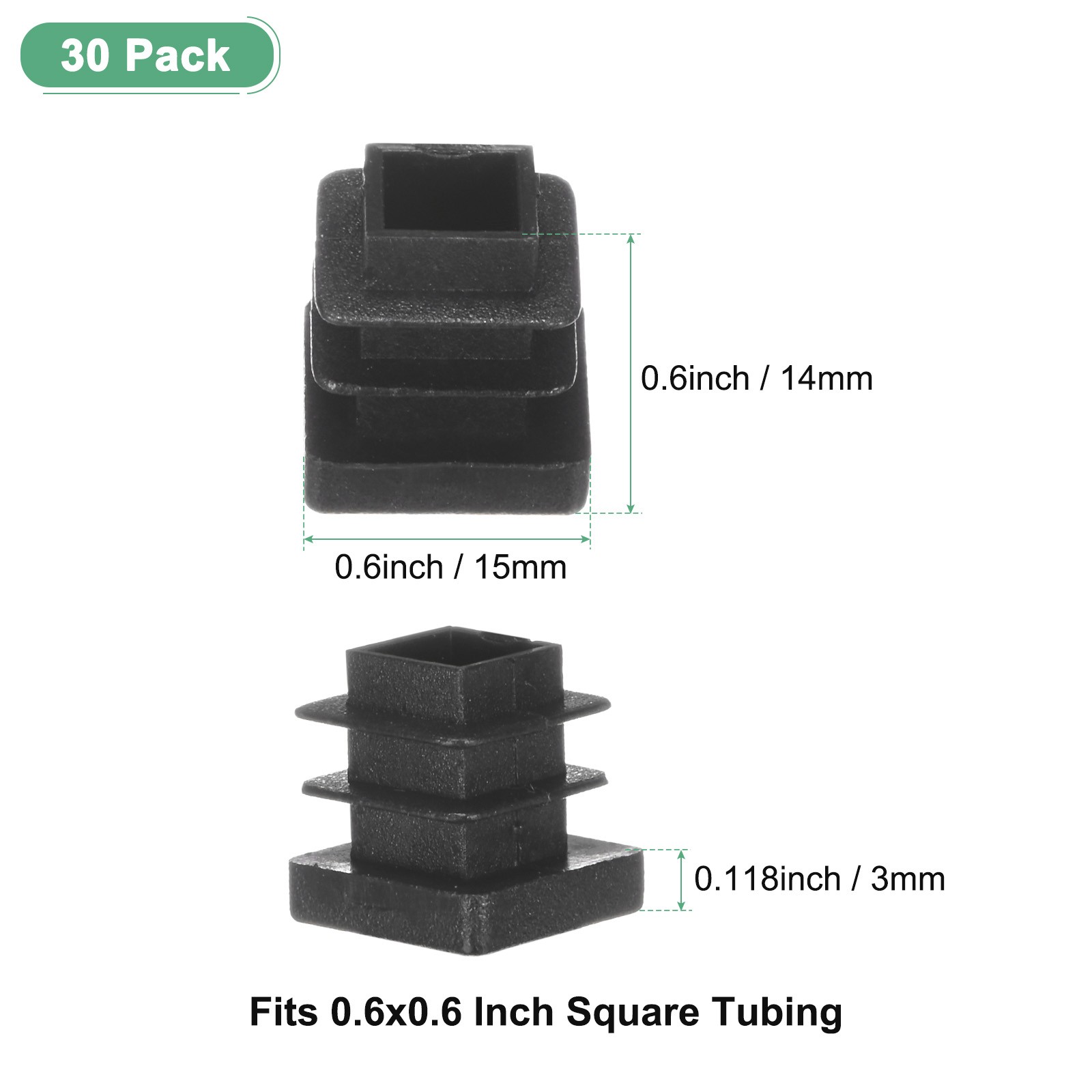 30-Pack Square Tubing End Caps, 0.6Inch/15mm Plastic Tube Plugs [Black]