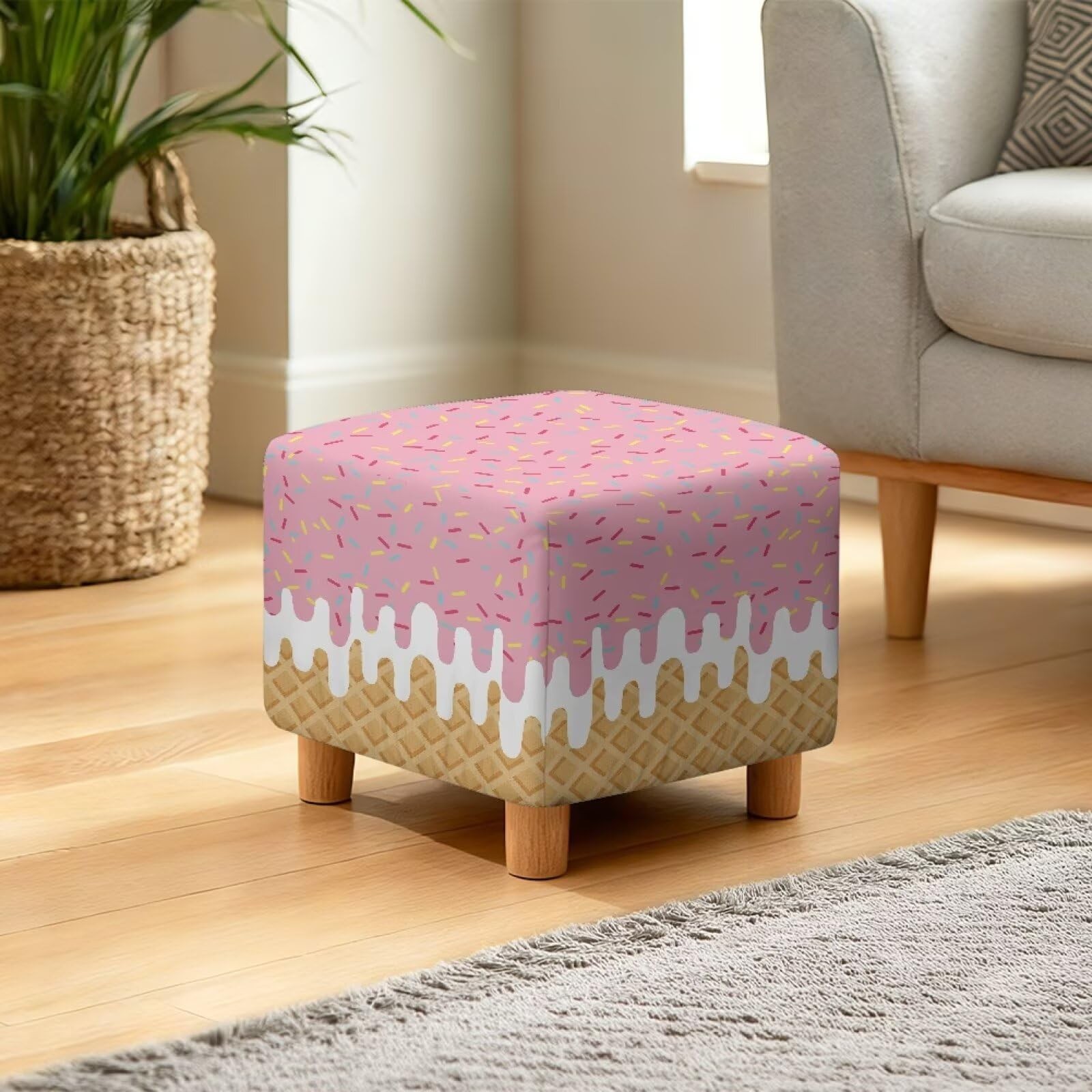 Ice Cream Pattern Cube Footstool Cover 13″ L x 13″ W x 15″ H Stretch Square S…