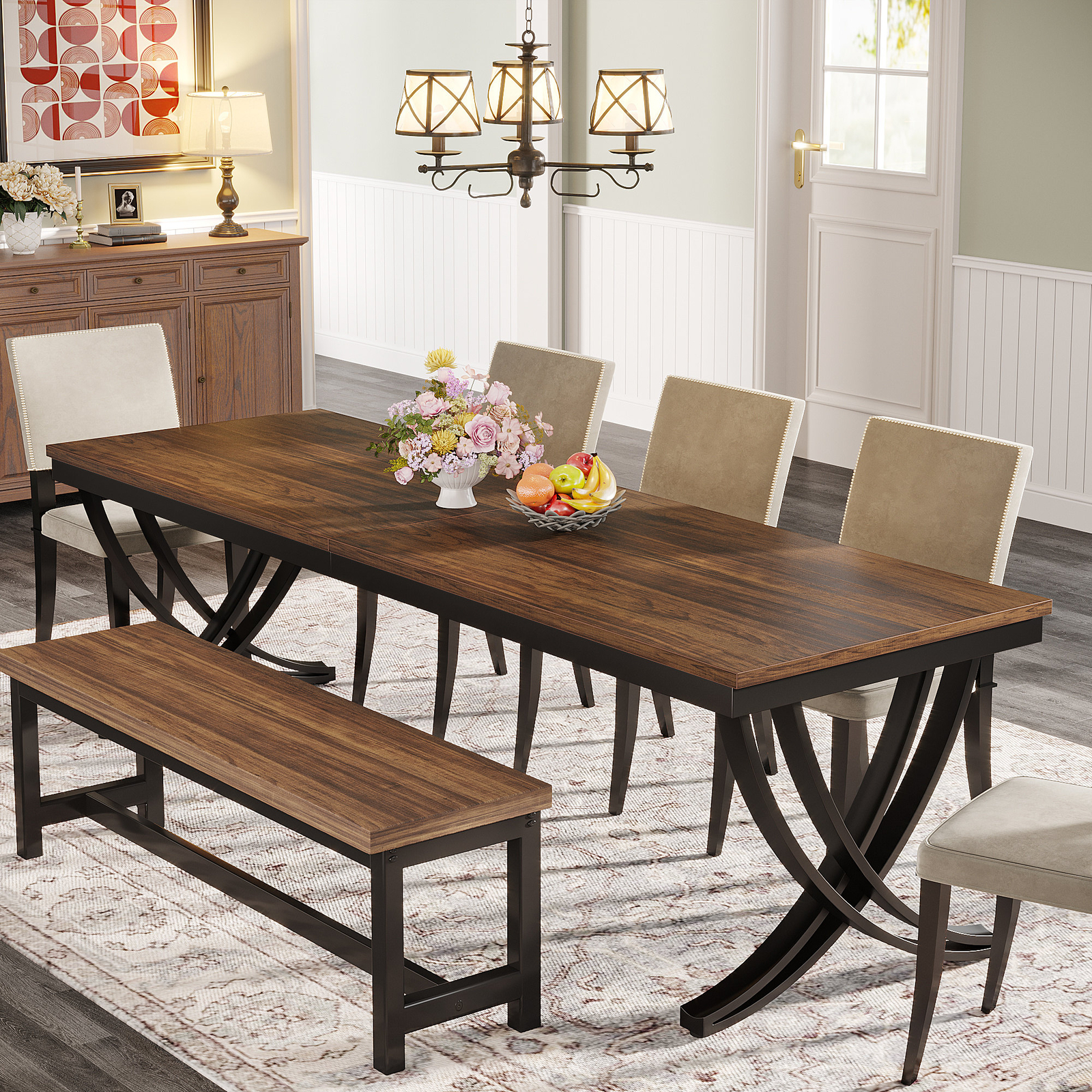 79″ Rustic Brown Dining Table Large Rectangular Dinner Kitchen Table for 6 to 8