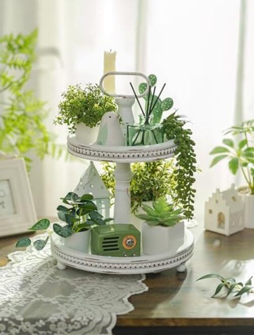Two Tiered Tray Stand: Boho Spring 2 Tier Decorative Trays – White Washed