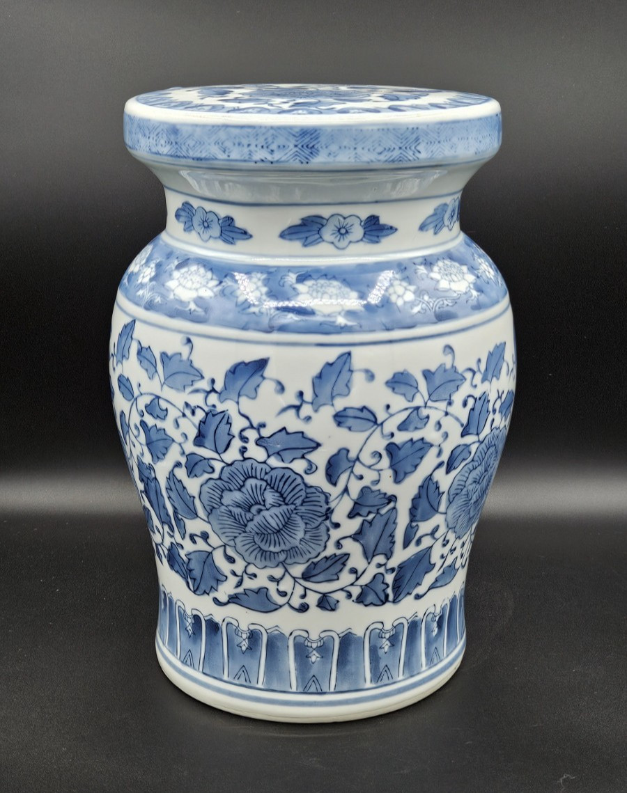 Chinoiserie Blue and White Ceramic Garden Stool Podium Stool 11.75 Inches Tall