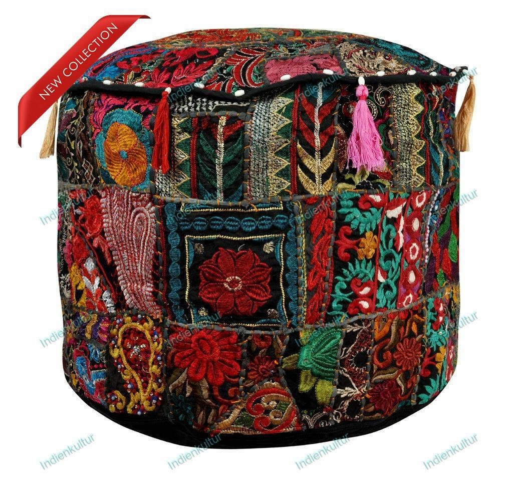 Boho Bohemian Floral Pouf Cover Ottoman Ethnic Decor Indian Pouffe Foot Stool