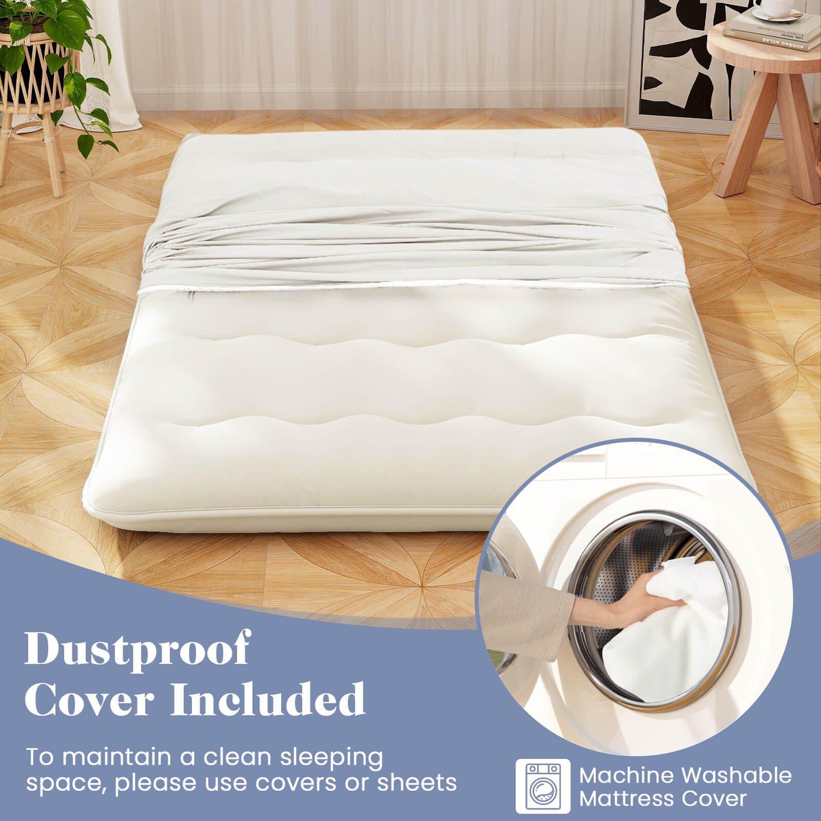Full Futon Mattress Japanese Sleeping Pad Lounge Bed w/ Washable Cover Beige