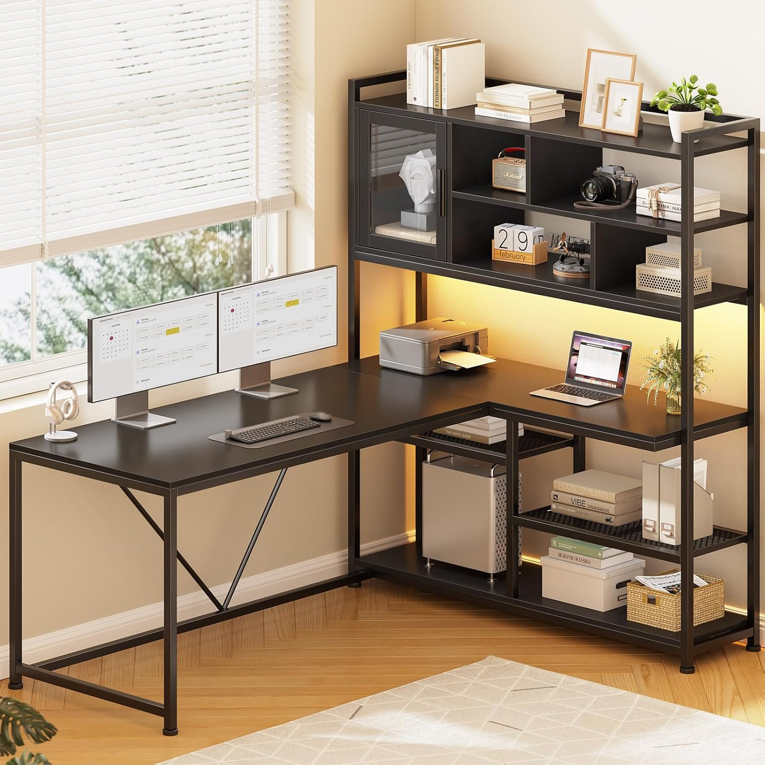 SEDETA L Shaped Computer Desk, 58” Office Desk with LED Light and Bookshelf, L