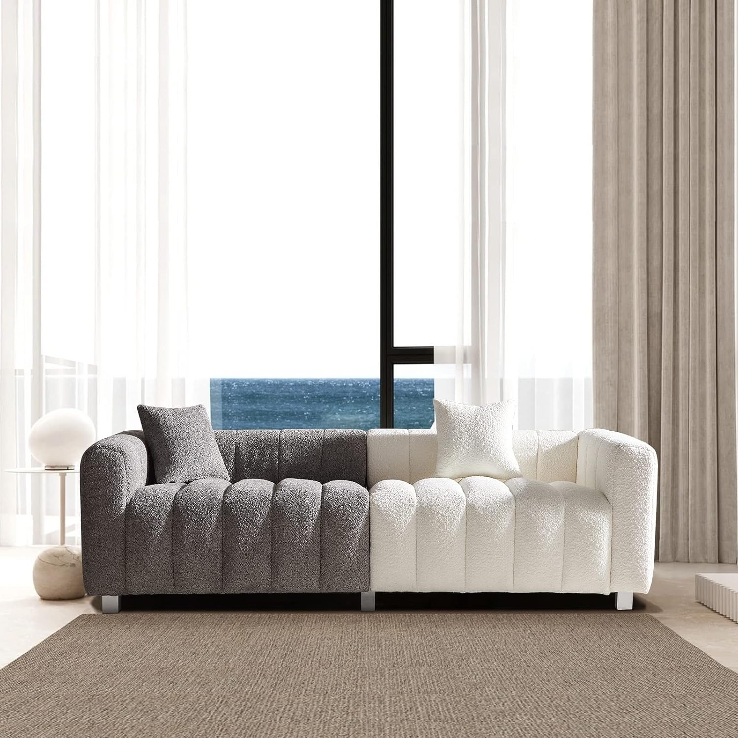 87.4″ Oversized Boucle Sofa Couch Teddy Deep Seat Sofa with 2 Accent Pillow