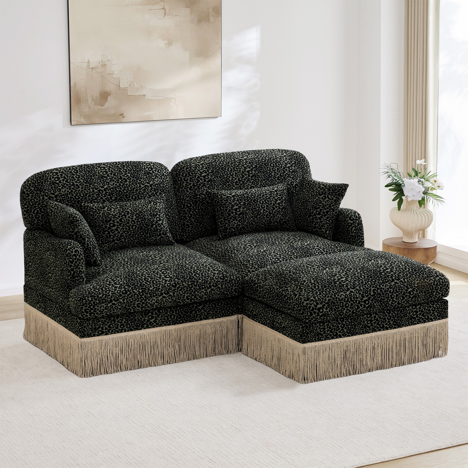 Comfy Chenille Leopard Printing Loveseat Sofa Modern Deep Seat Couch Green