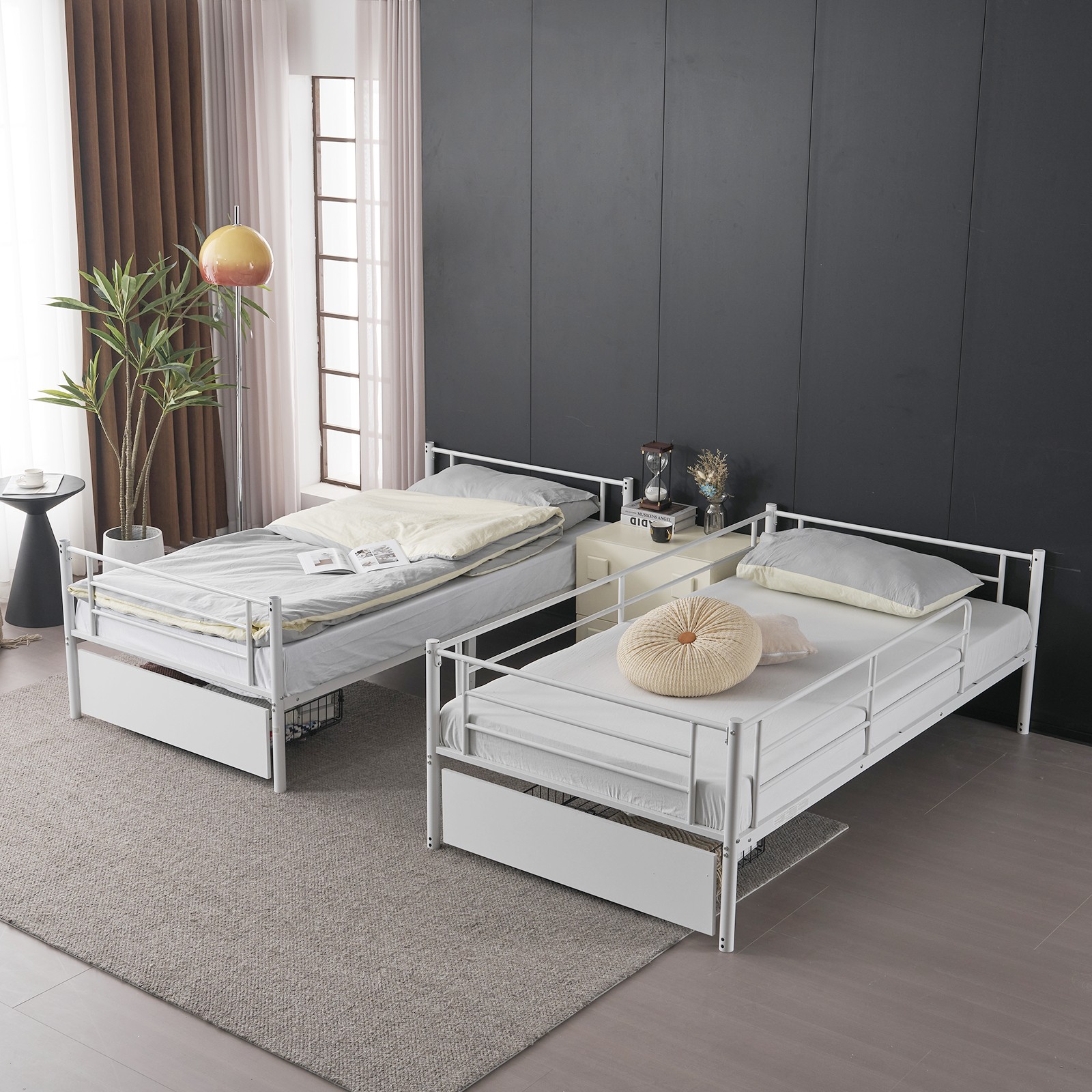 Twin Over Twin Convertible Bunk Bed with 2 Storage Drawers, Metal Bunk Bed White