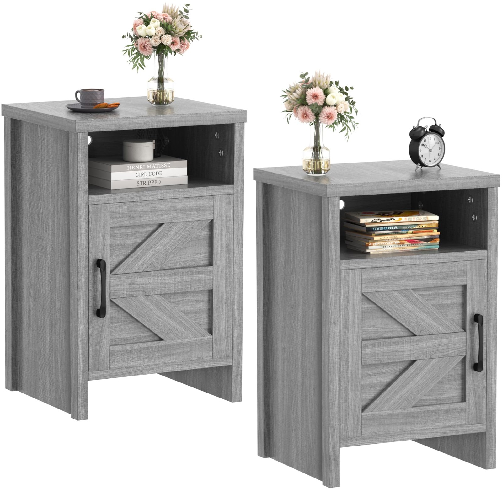 Grey Farmhouse Side End Tables For Living Room Set of 2 Furniture Wooden Small