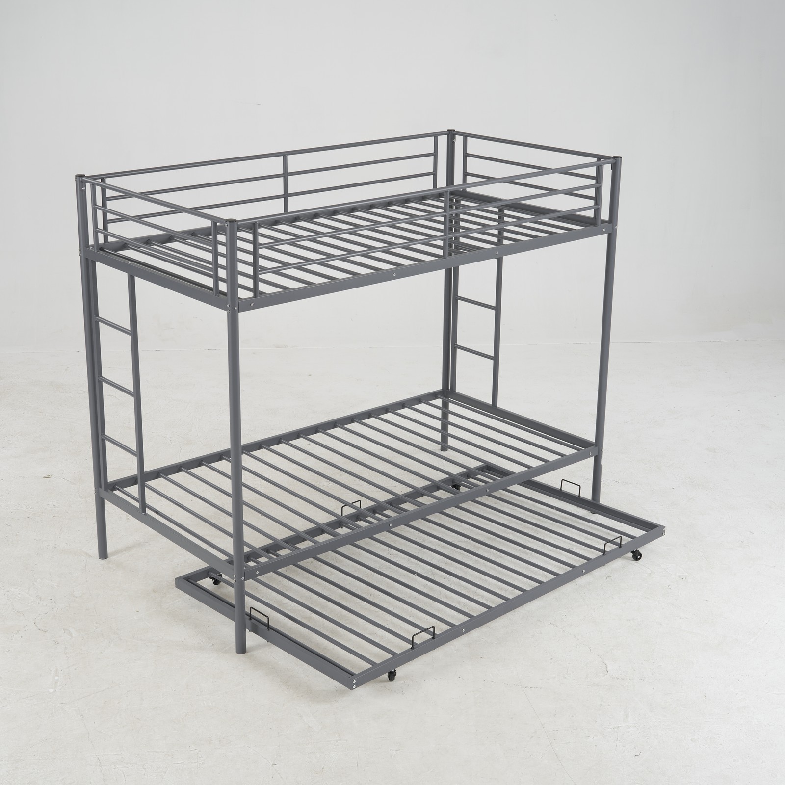 Metal Twin Over Twin Bunk Bed Frame with Trundle and Ladder Kids Child Bedroom