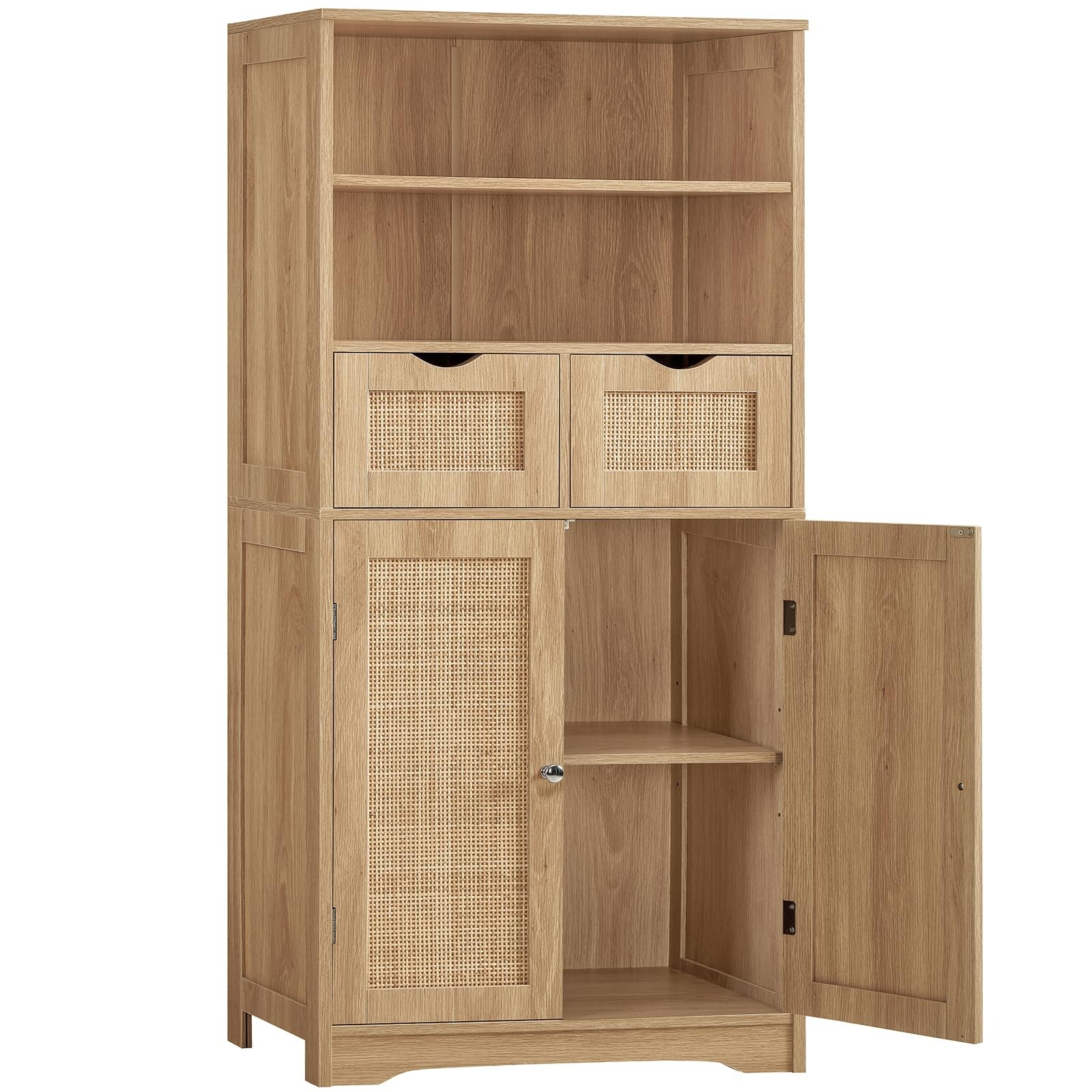 Tall Storage Cabinet, Rattan Cabinet with 2 Drawers & Adjustable Shelf, Kitch…