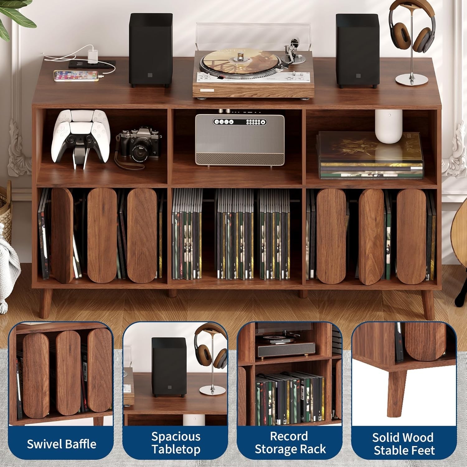 Record Player Stand Media Console with Charging Vinyl Record Storage Cabinet