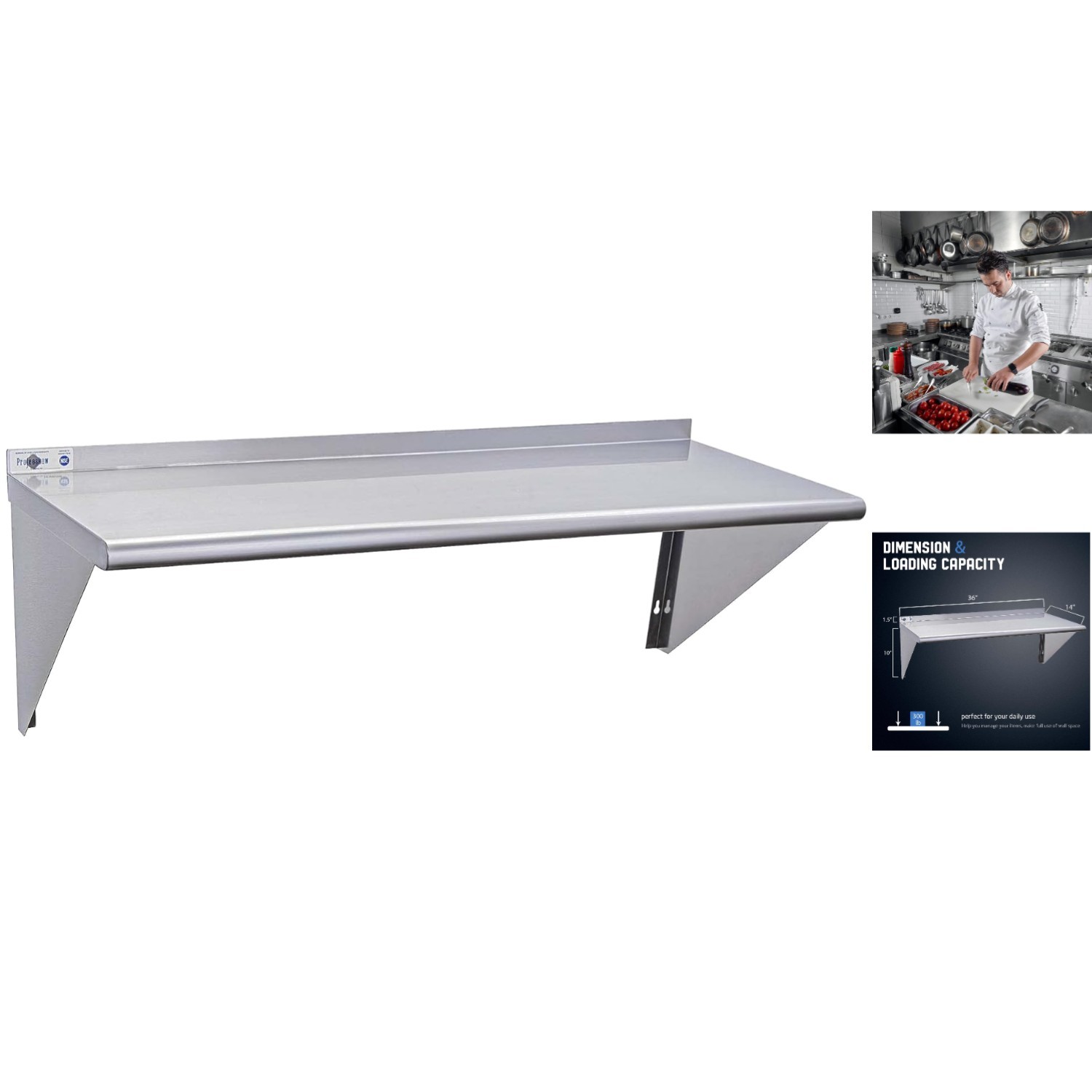 Professional-Grade 14″x36″ Stainless Steel Shelf with Mounting Brackets – 300 lb