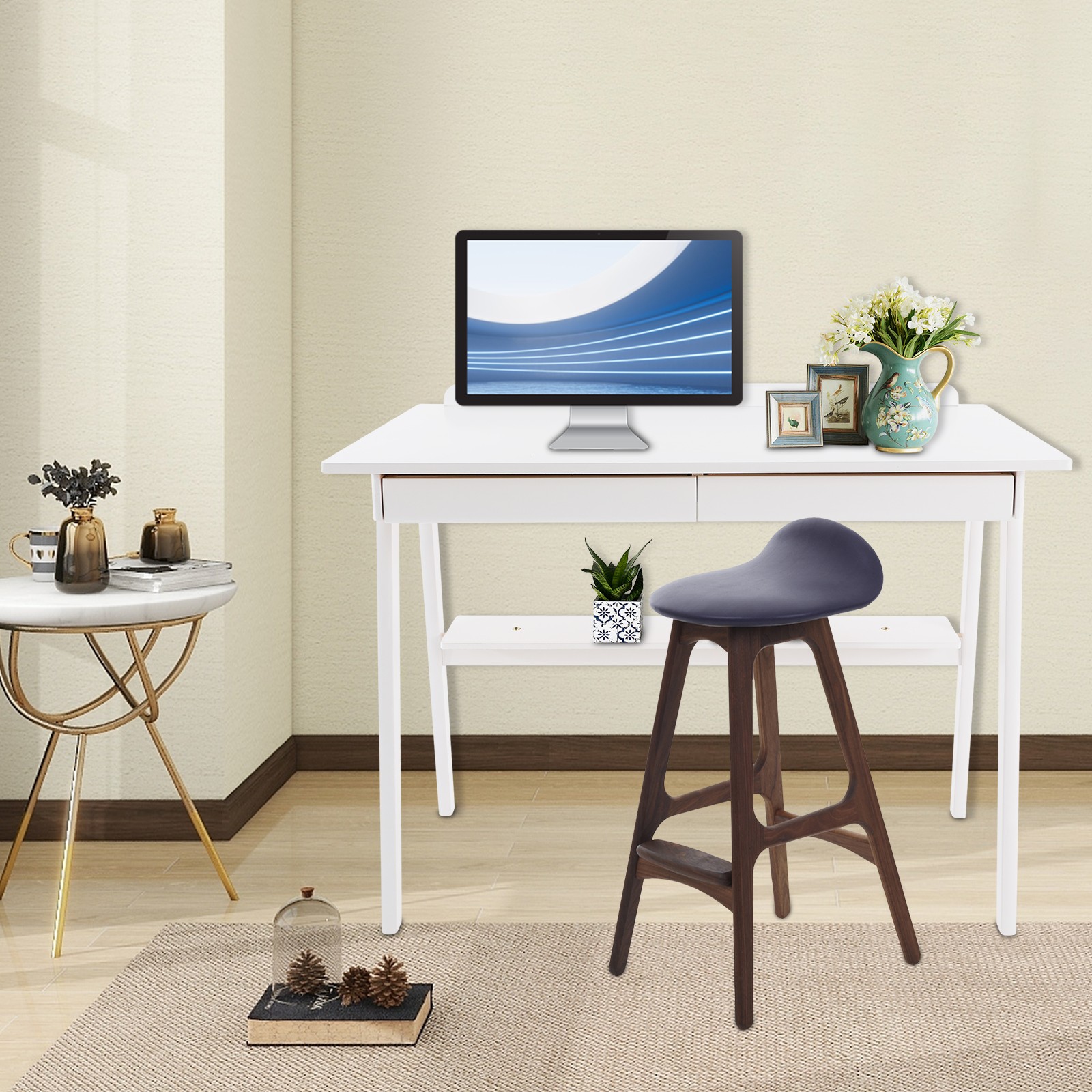 White Folding Desk For Home Office 100x60cm With Storage Shelf And Hooks