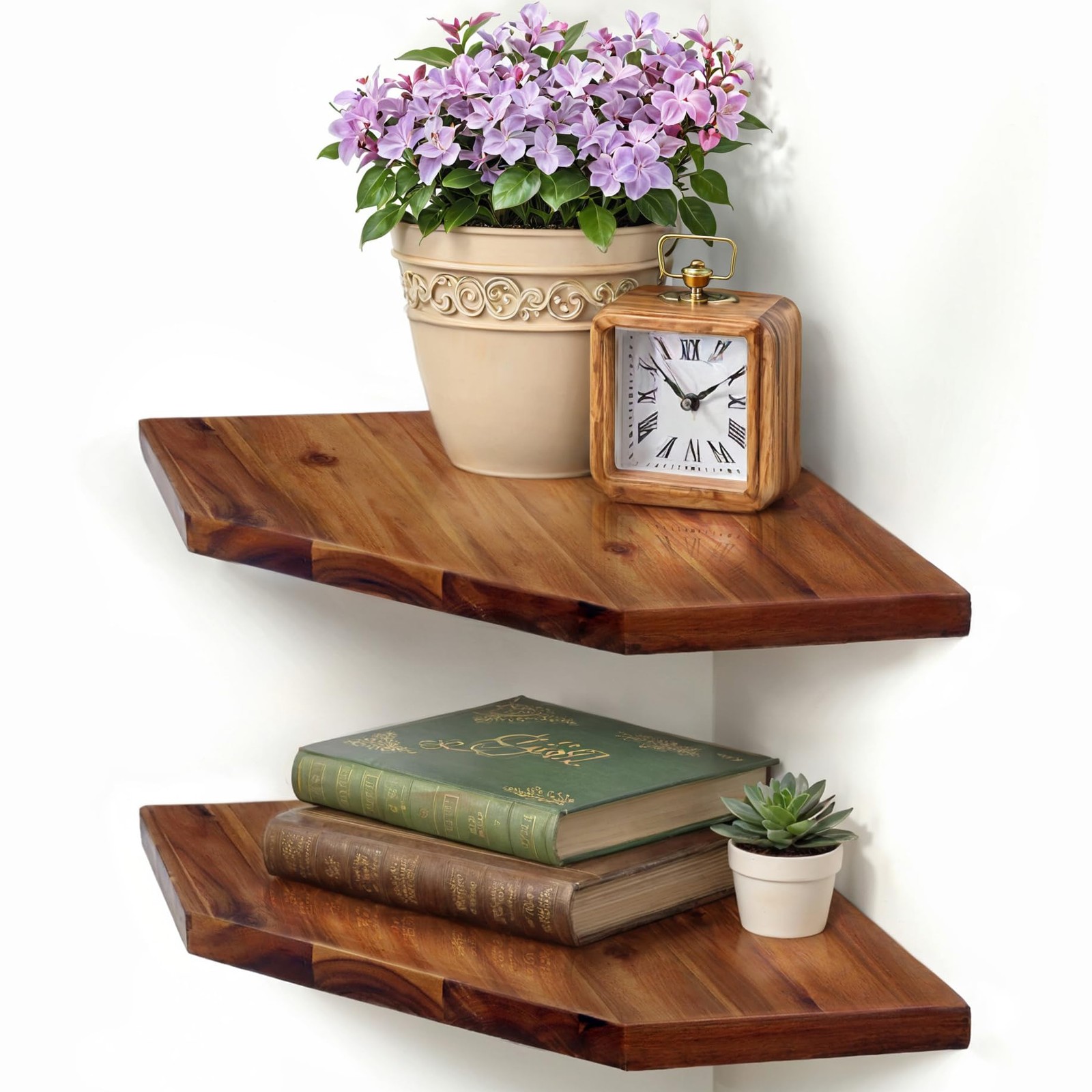 Corner Shelf Wall Mount, 2-Pack Acacia Wood Floating Corner Shelves