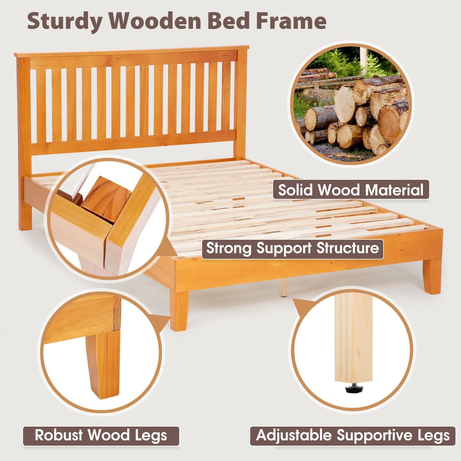 Wood Platform Bed Frame Solid Wood Foundation/Wood Slats Support with Headboard