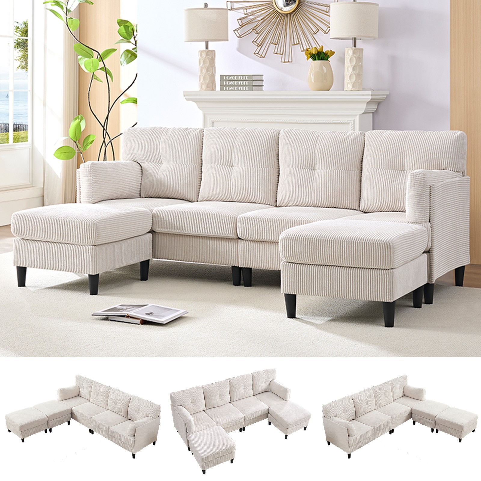 Zafly Sectional Sofa with Ottoman, Corduroy U/L Shaped couch for Living Room