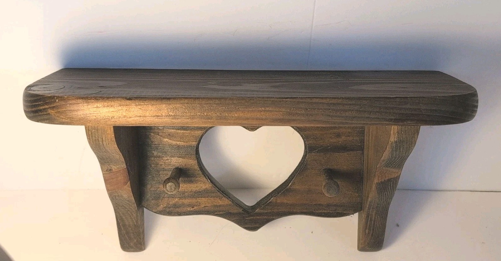 Wood Wall Shelf With Heart Cutout And Pegs Solid Shelf 12″, 5 1/2″ X 6″