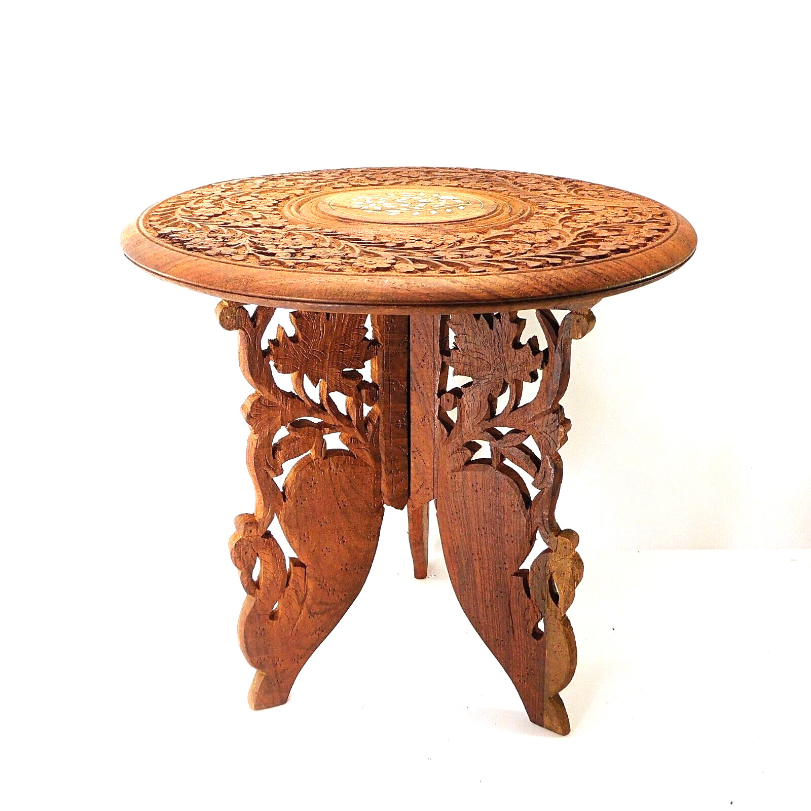 Vintage Hand Carved Folding Teak Stand Trivet Floral Design & Inlay India 12.75″