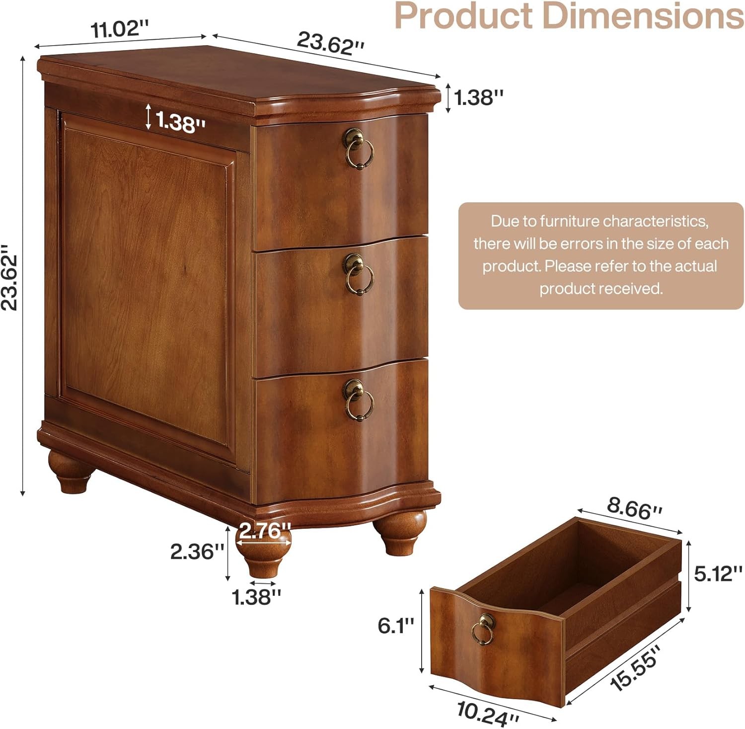 Wood Fully Assembled End Table, 3-Drawers Narrow Slim Side Table for Living Room