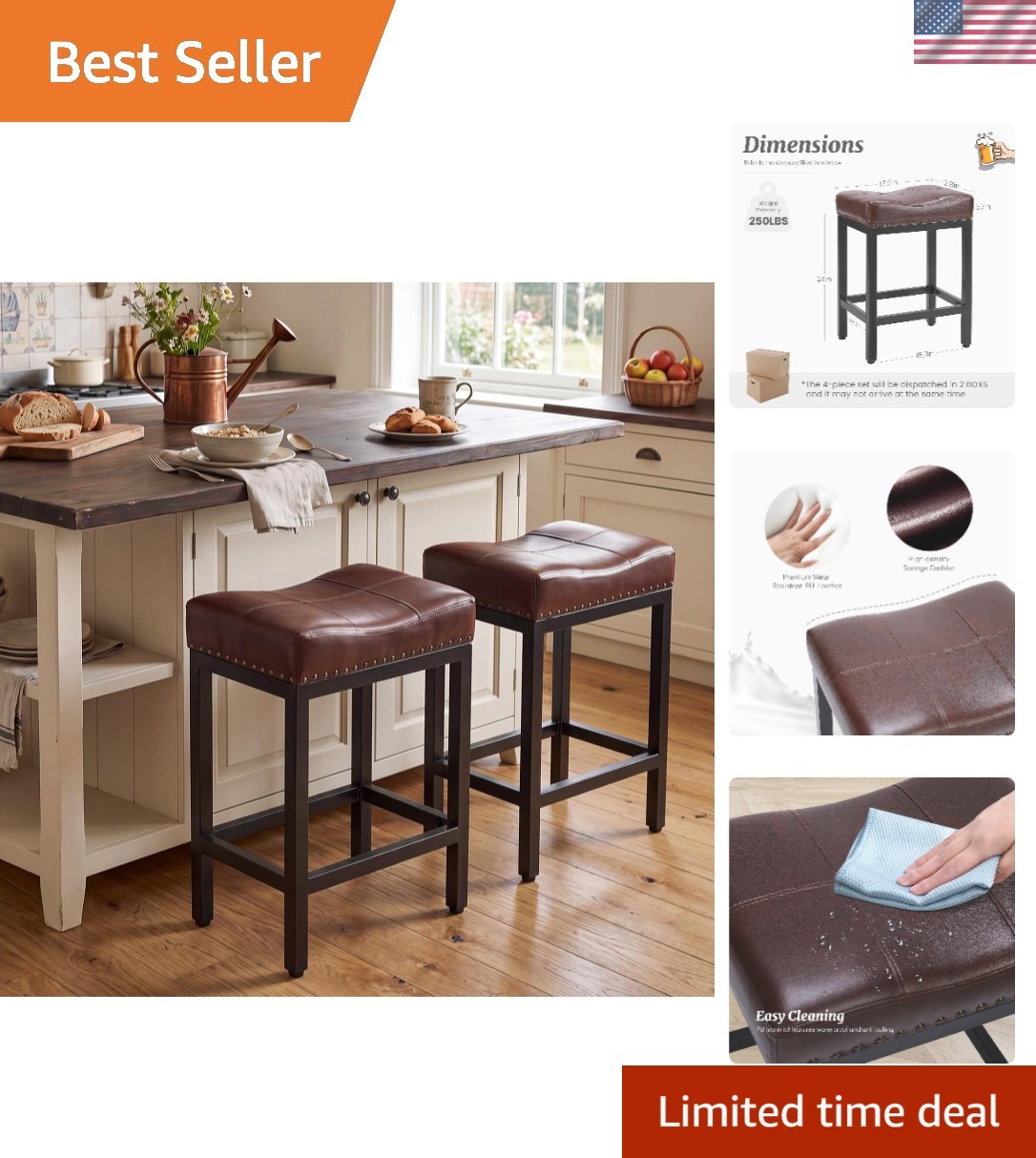 24 Inch Bar Stools Set of 2, 250 LB Heavy Duty Padded Saddle Barstool Chair, …