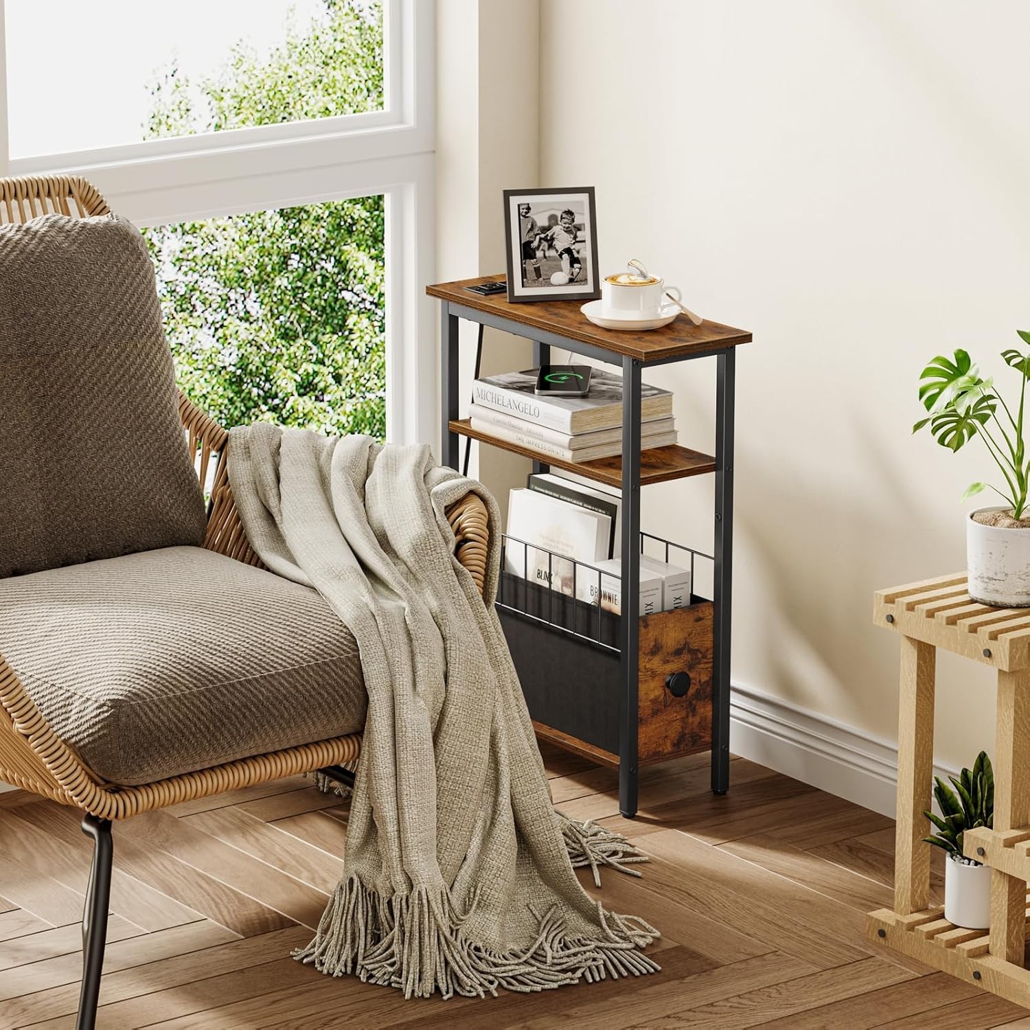 Slim End Table with Charging Station, Narrow Nightstand with Drawer