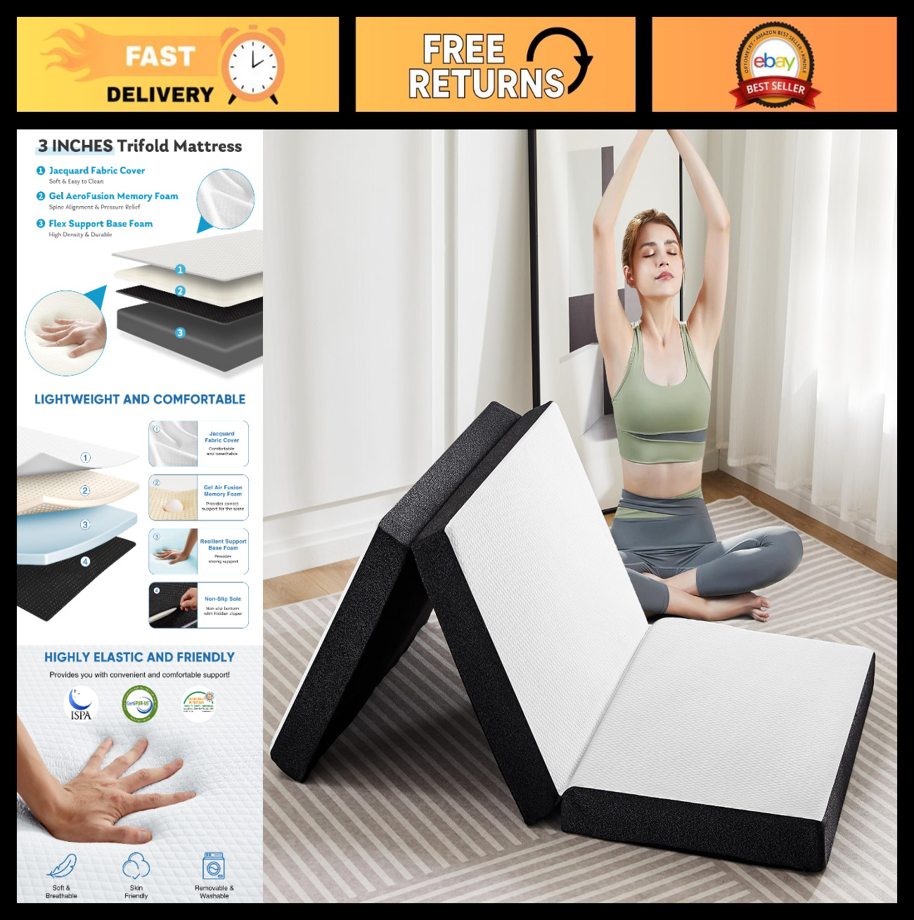 3-Inch Tri-Fold Memory Foam Mattress Topper – Portable Non-Slip Guest Bed for Ca