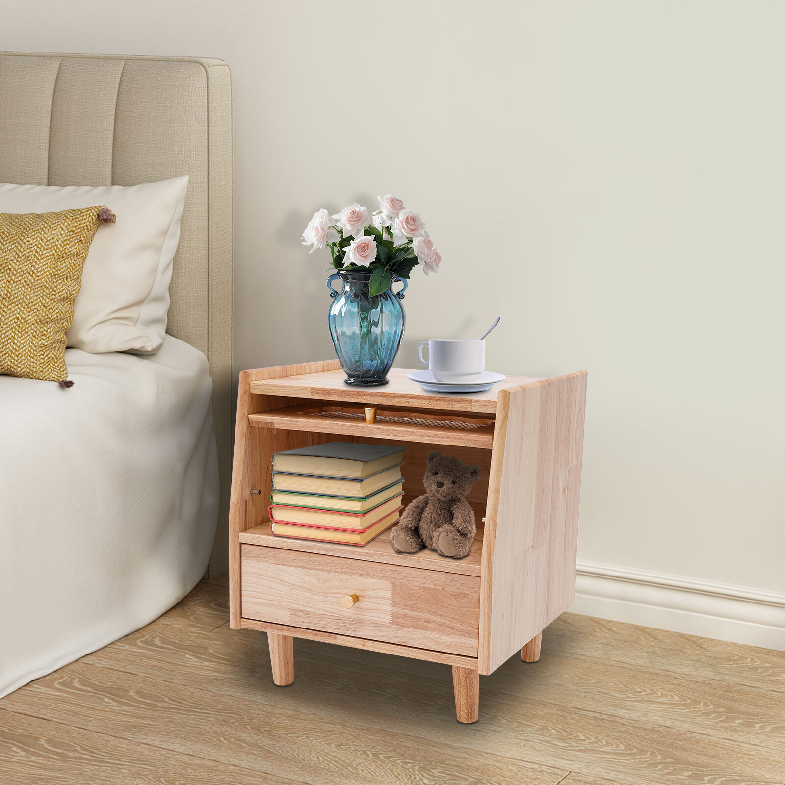 43.5*40*48cm Rubberwood Bedside Cabinet Bedroom Storage Cabinet With 2 Drawers