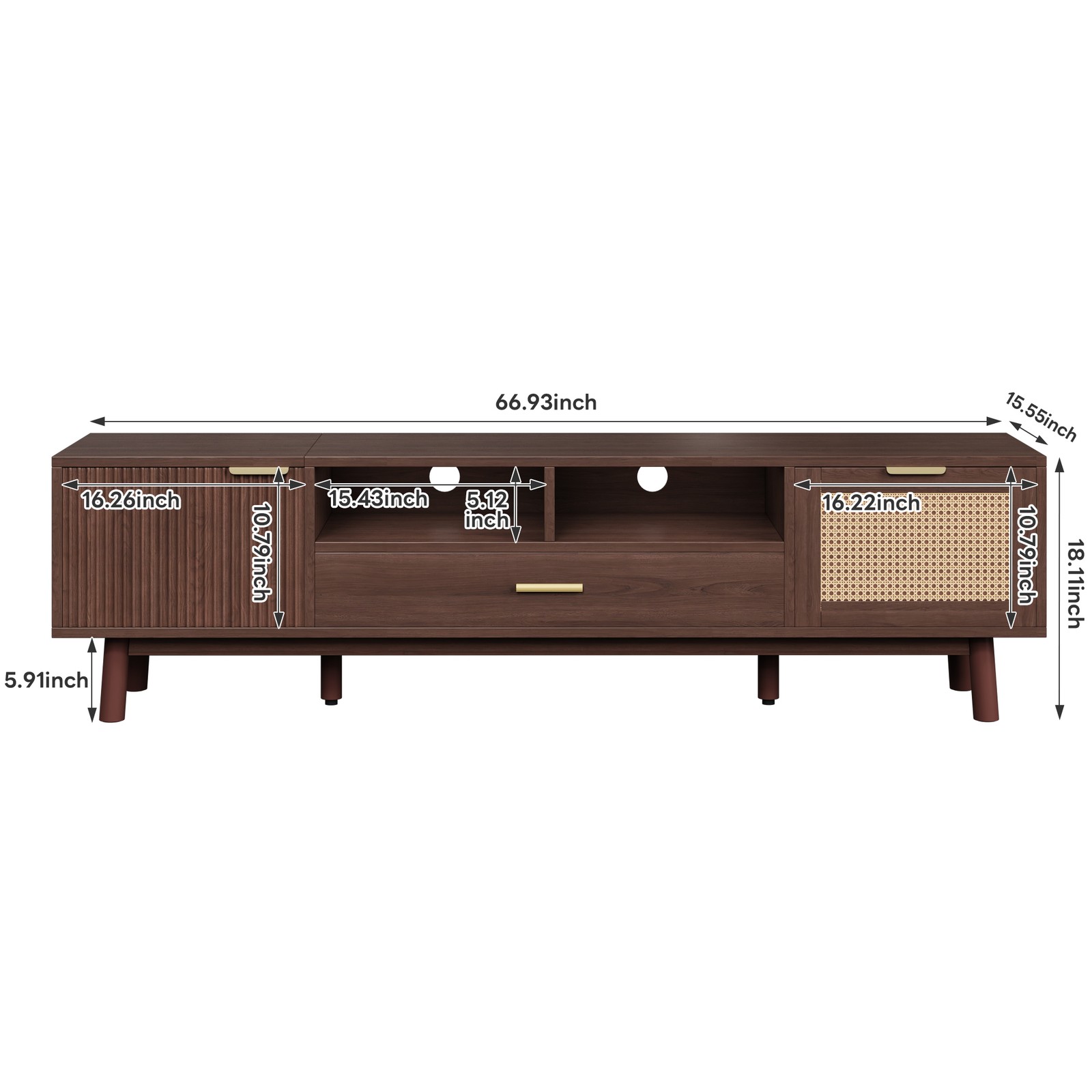 Rattan TV Stand for 75″ TVs, Entertainment Center with Drawer & 2 Cabinets