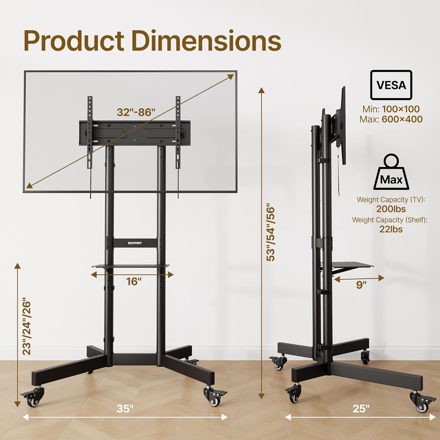 Upgraded Rolling TV Stand for 32-86 Inch Tvs up to 200 Lbs, Heavy Duty Mobile TV