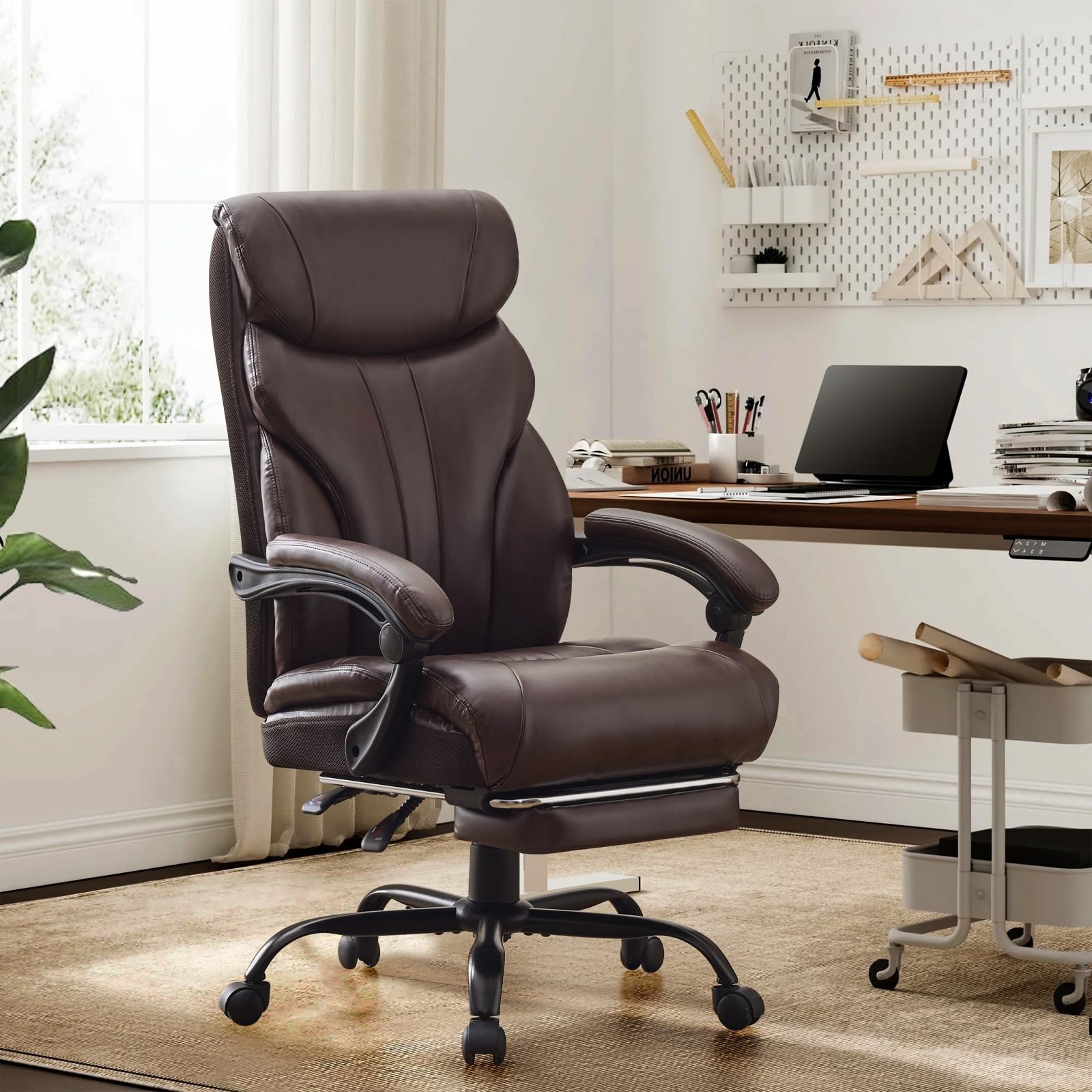 Big and Tall Leather Computer Chair, Flip-up Arms, 500lb, 360 Wheels, Recline